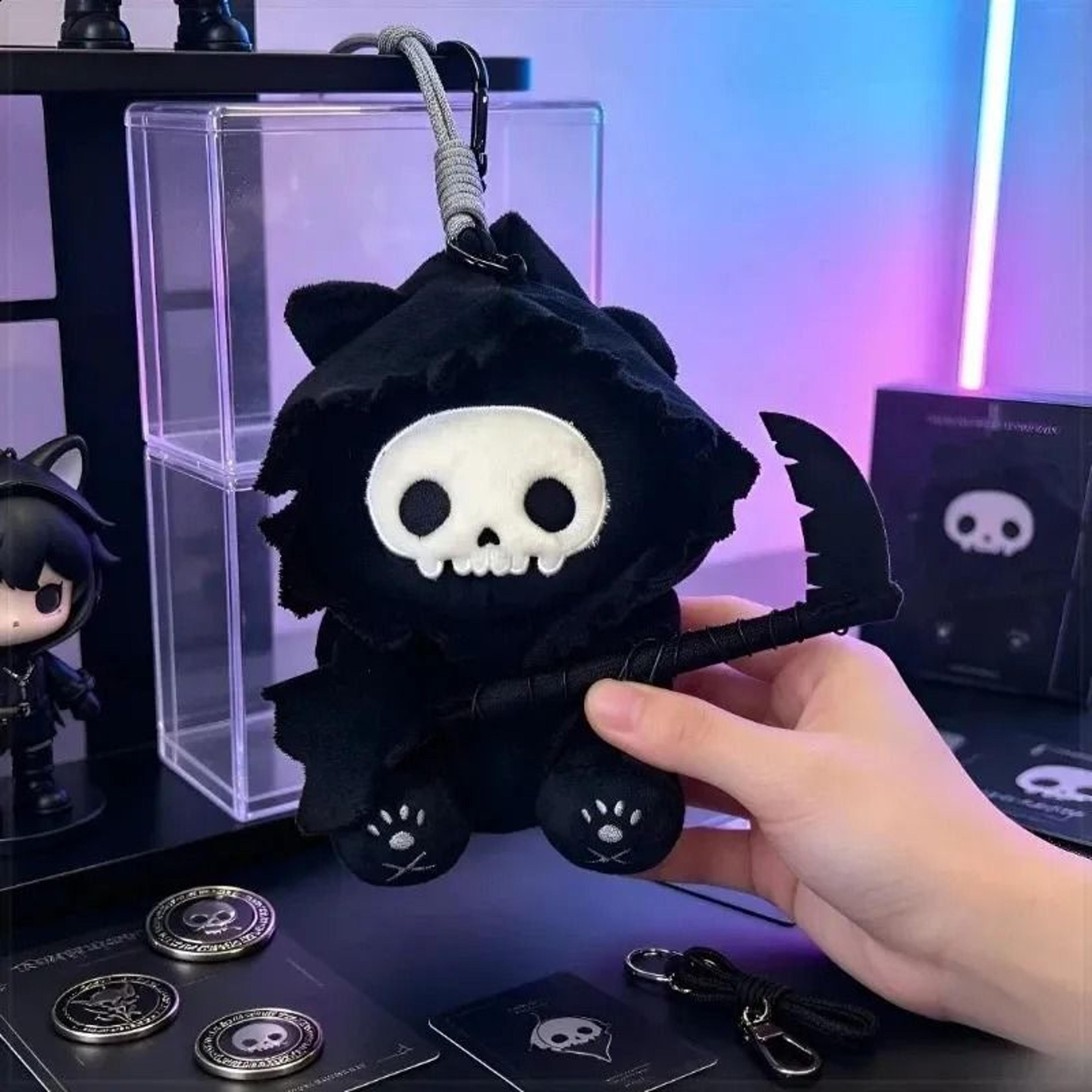 gothic grim reaper cat plush keychain with skull pendant