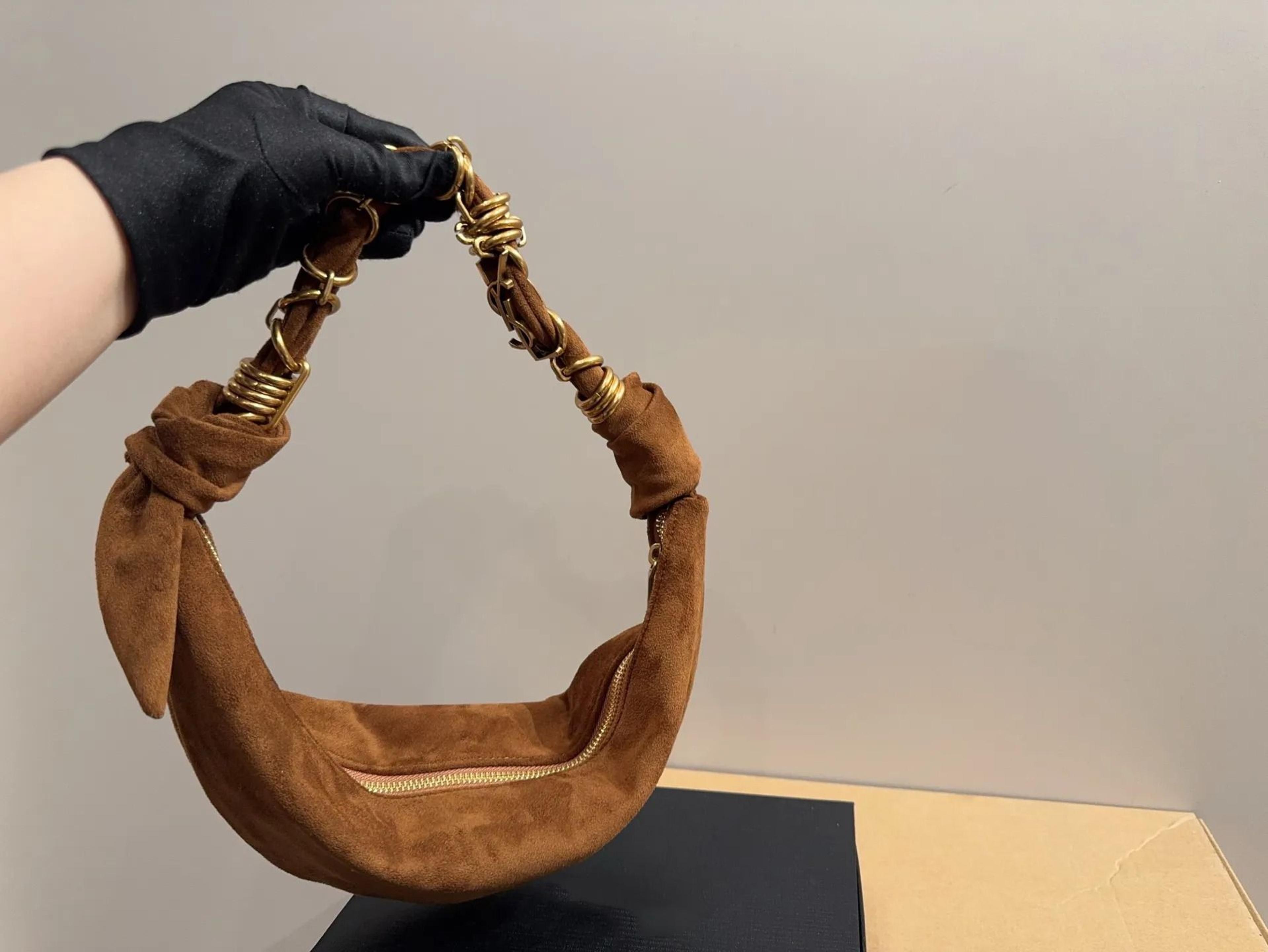 suede half moon tote bag with zipper pouch