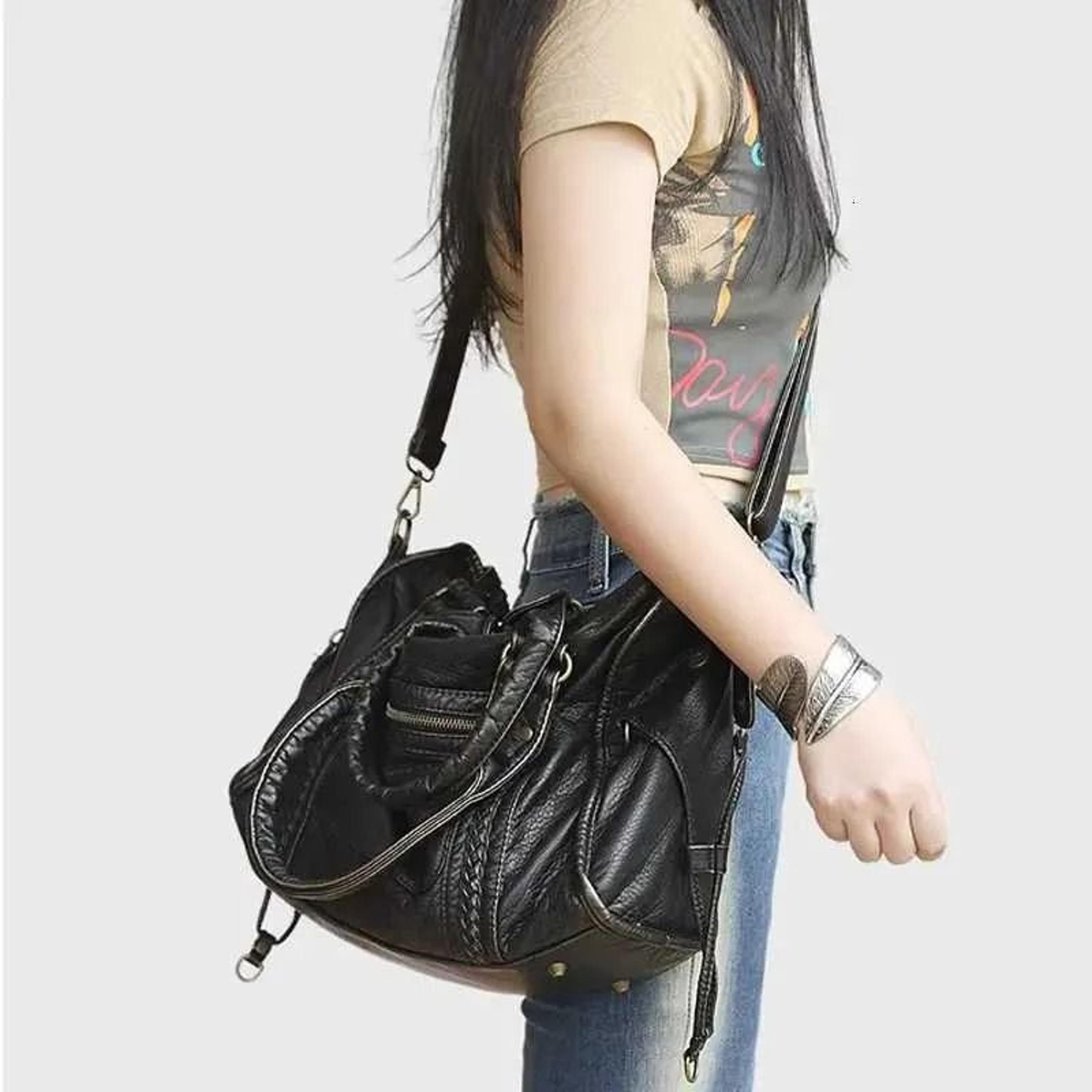 vintage washed pu leather tote bag with multi-pocket design