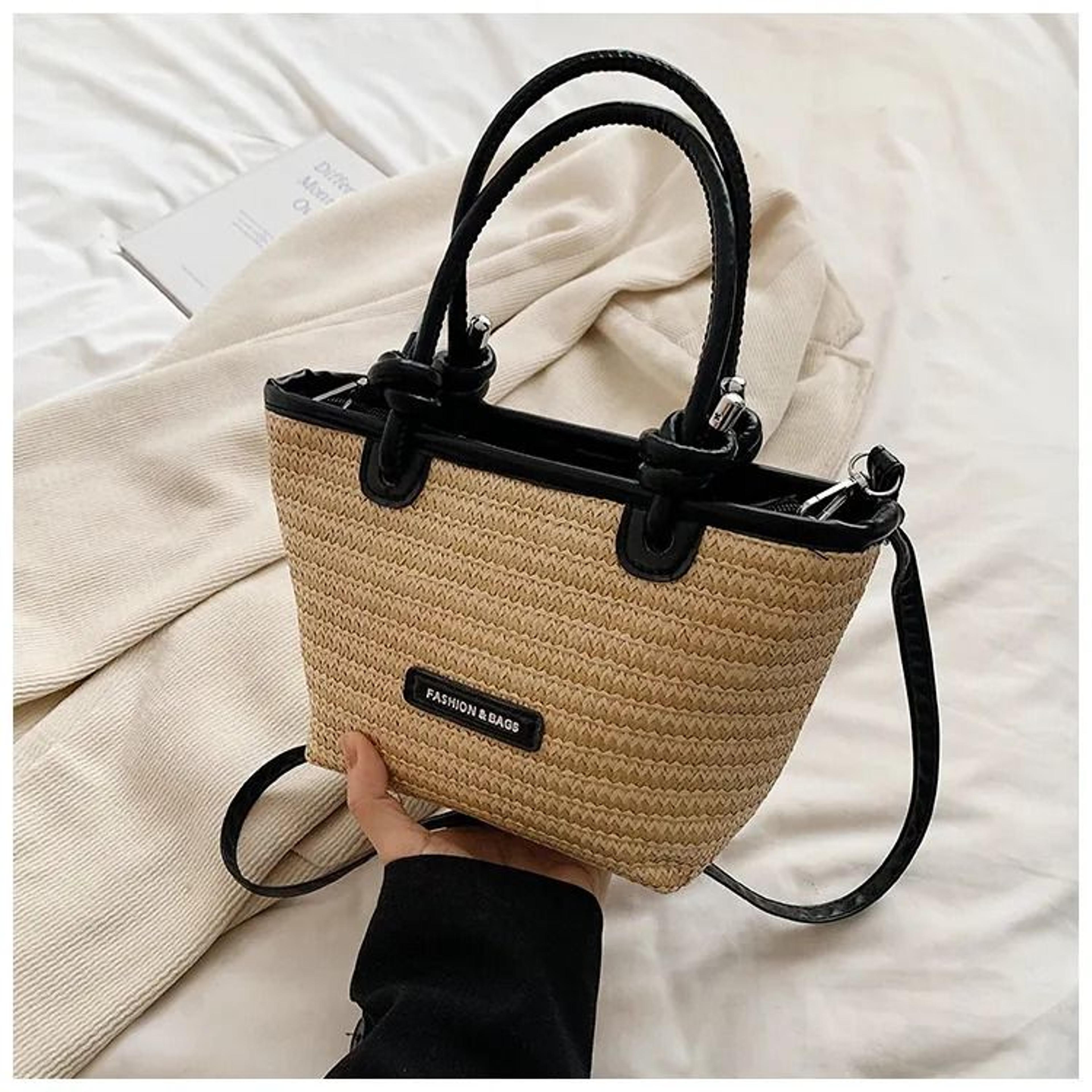 boho woven rattan beach bag with adjustable crossbody strap