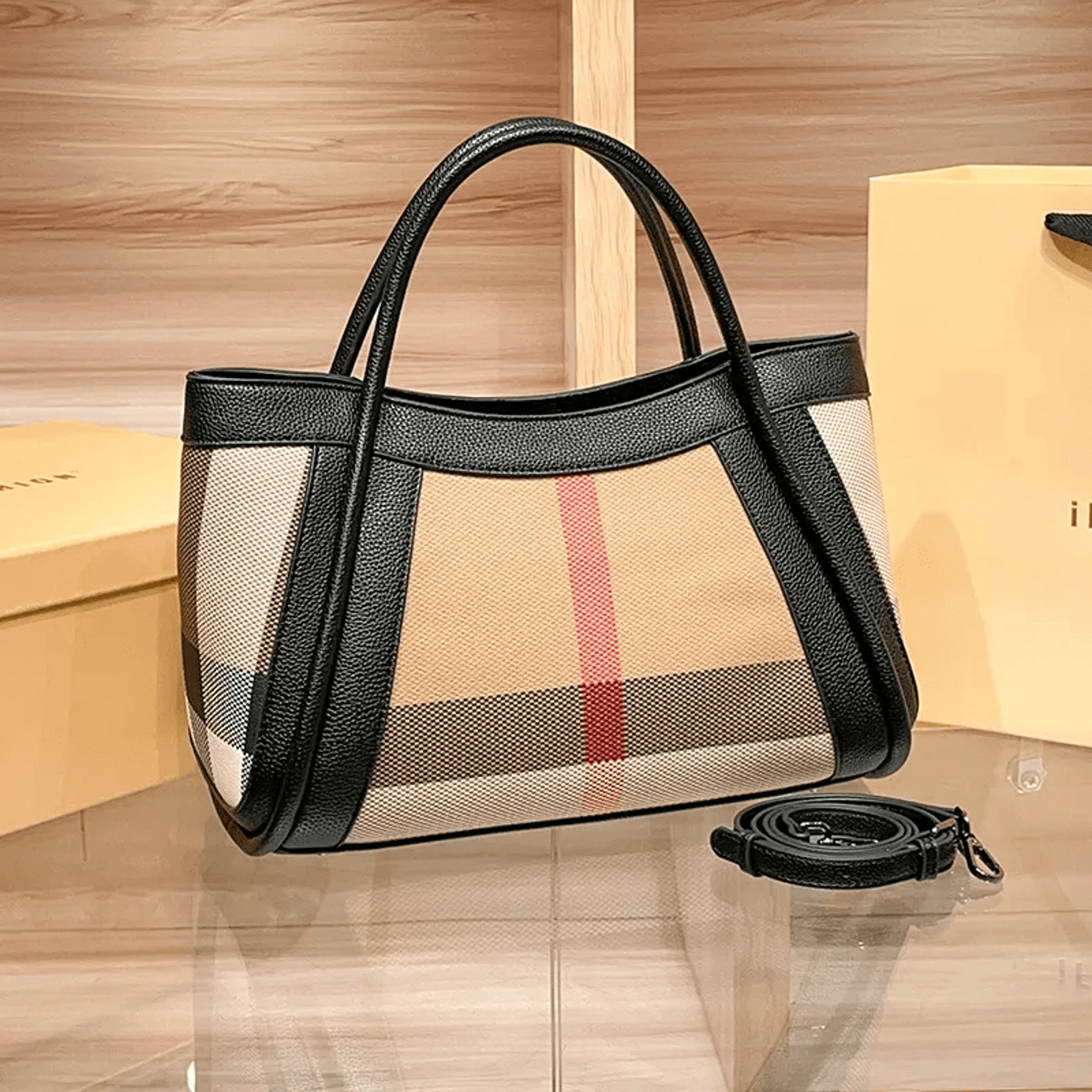 plaid canvas tote bag with pu trim and detachable crossbody strap