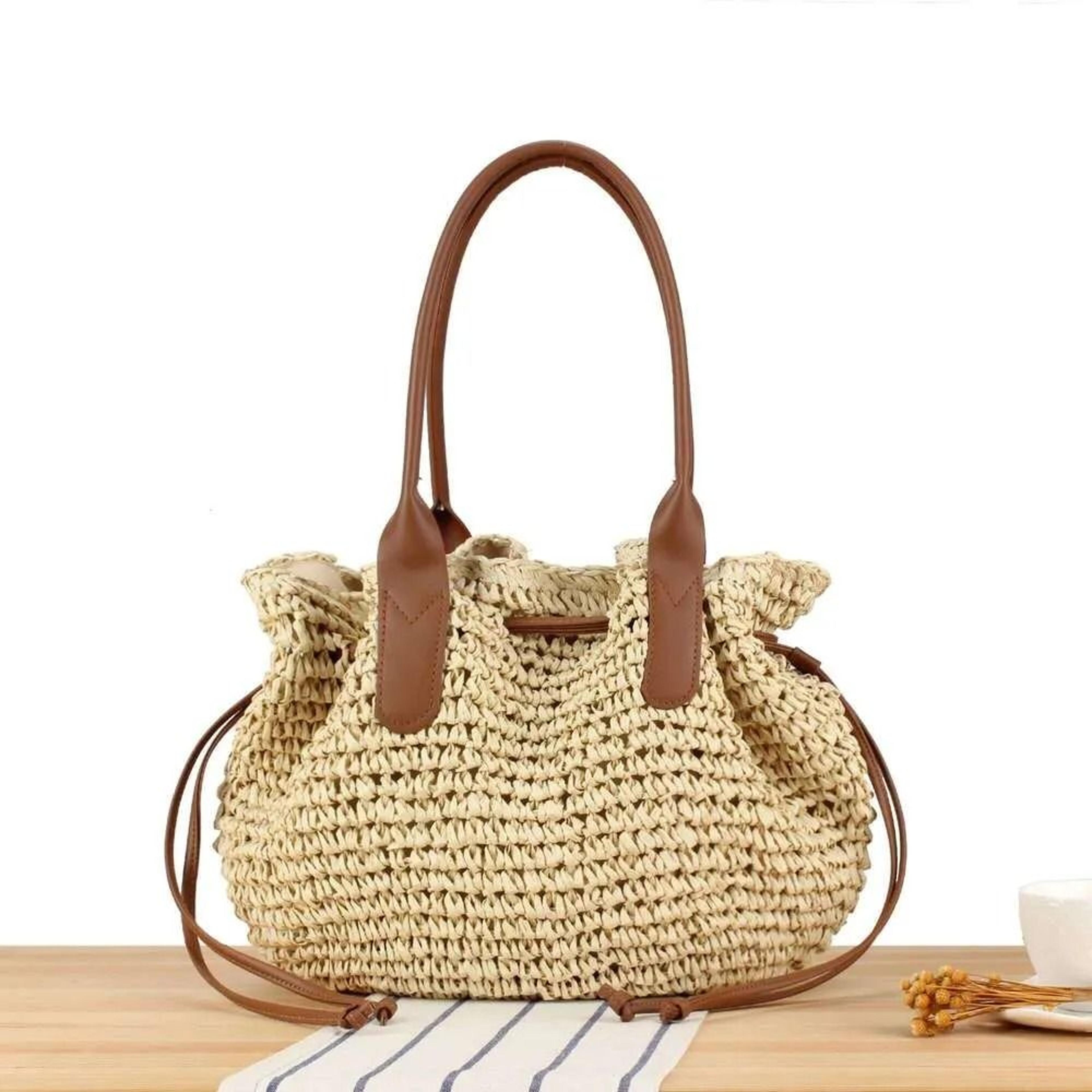 large straw woven shoulder bag casual beach tote with pu leather