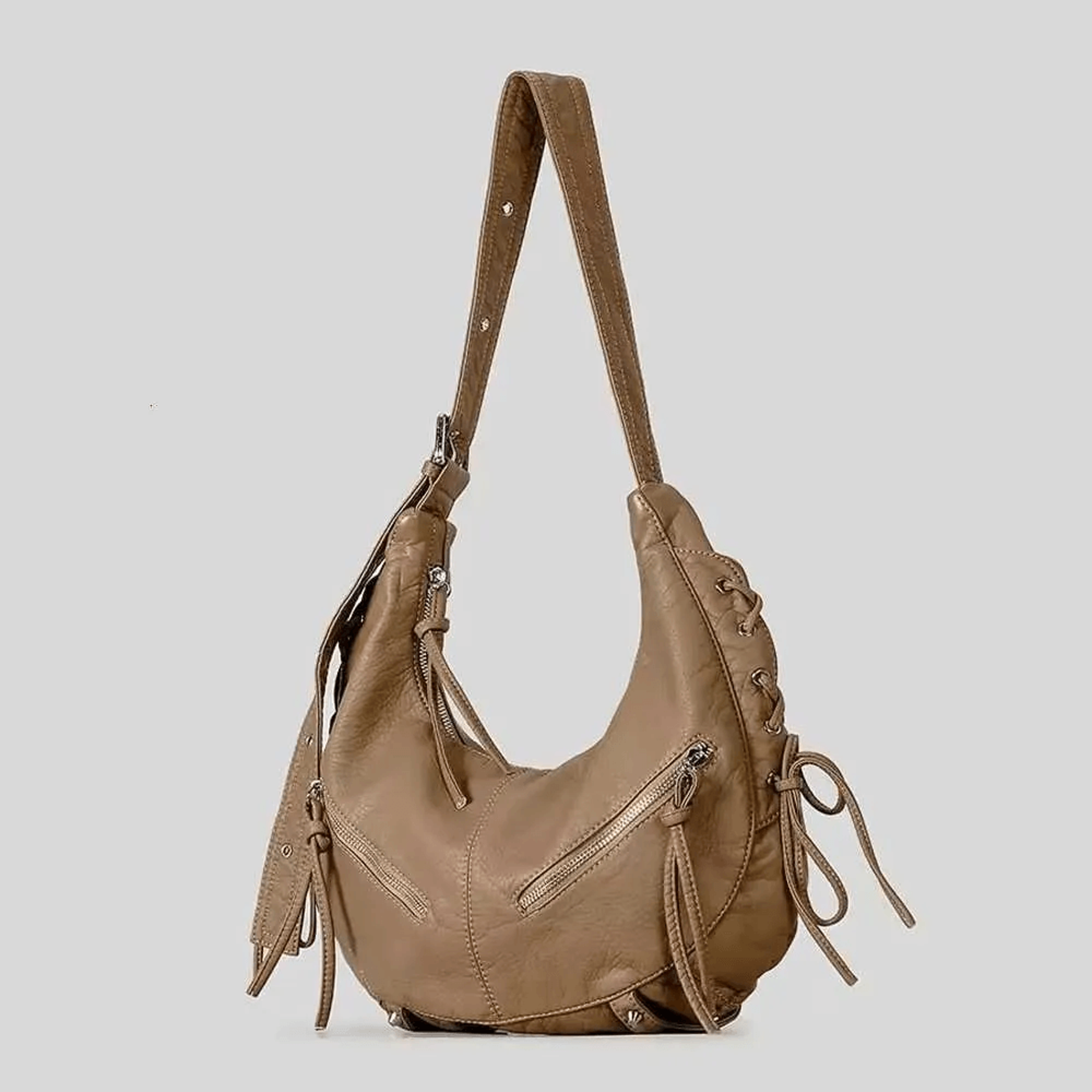 punk motorcycle shoulder bag with strappy design and metal zipper