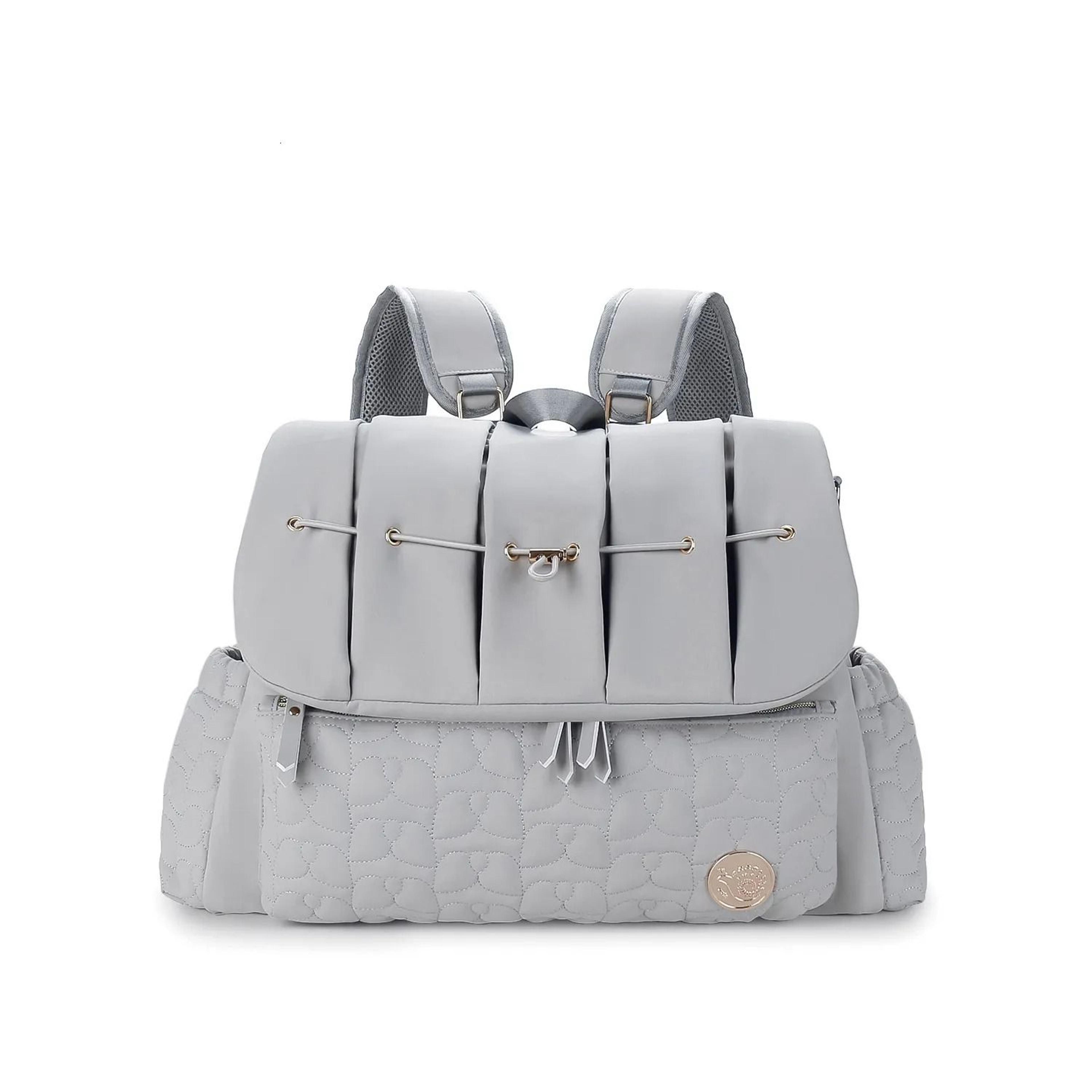 gray quilted waterproof diaper backpack with adjustable shoulder straps and hanging hook
