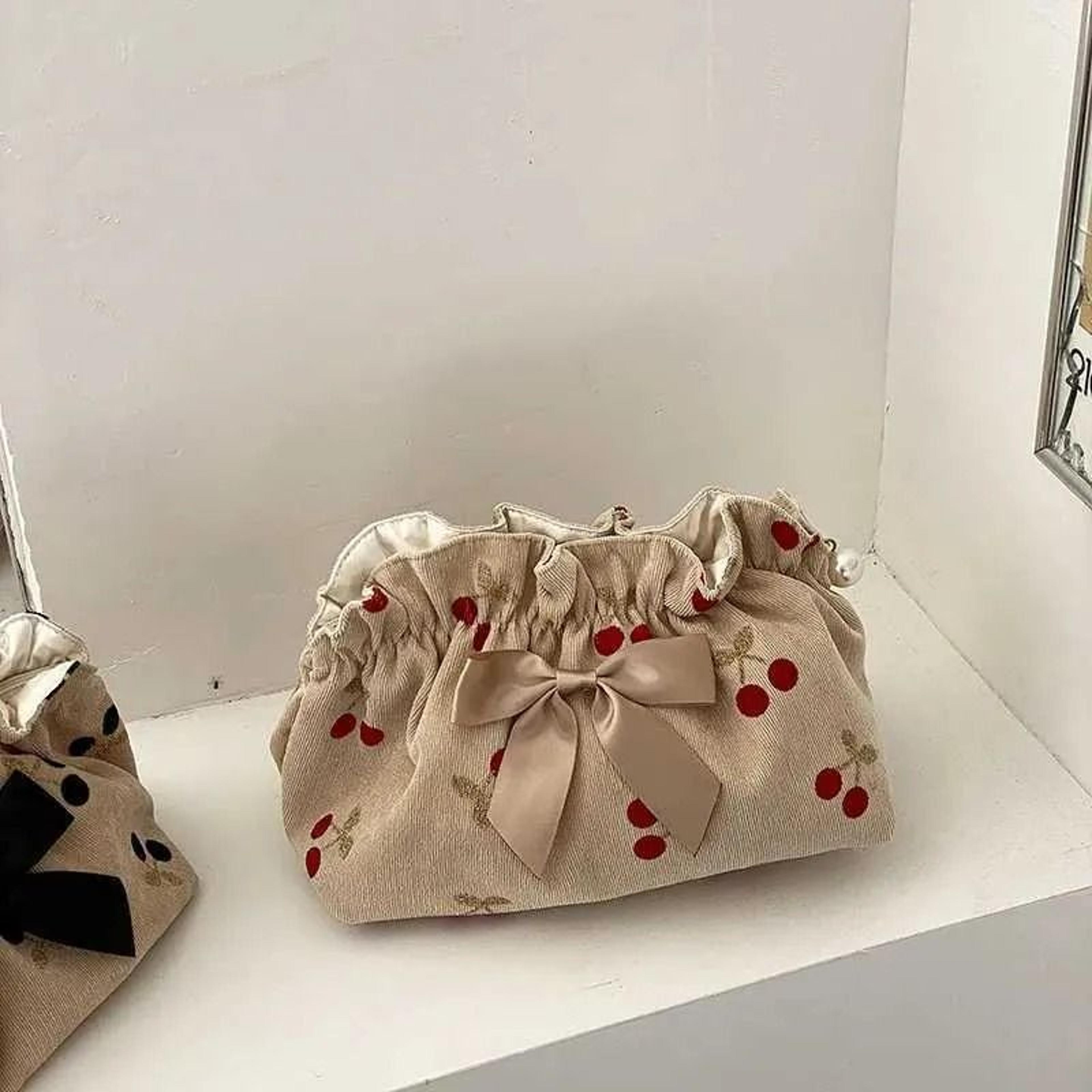 soft corduroy makeup bag with cherry design and bowknot zipper pouch