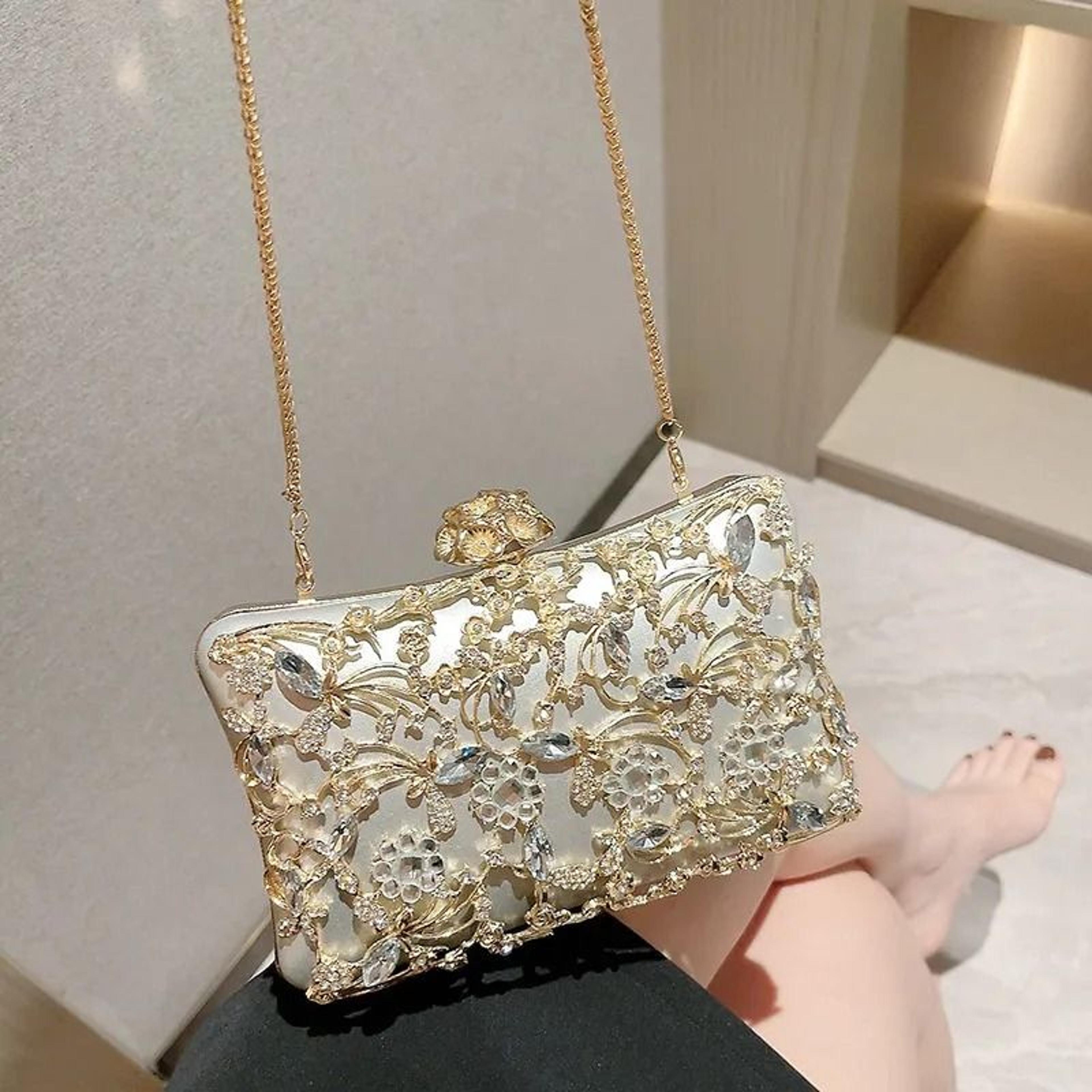 gold evening clutch bag for women elegant square wedding and party purse