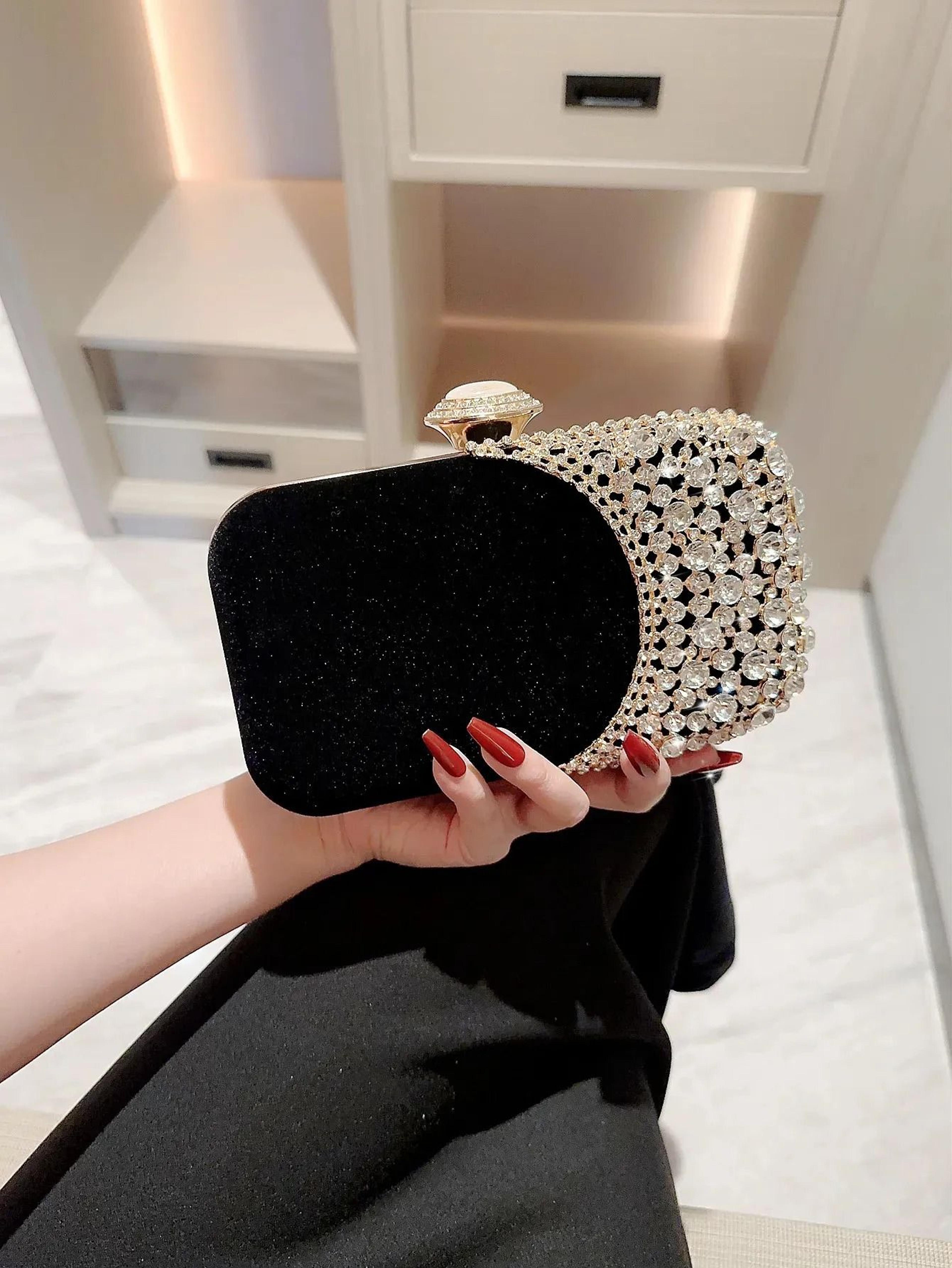velvet evening clutch bag with sparkling rhinestones for weddings and parties