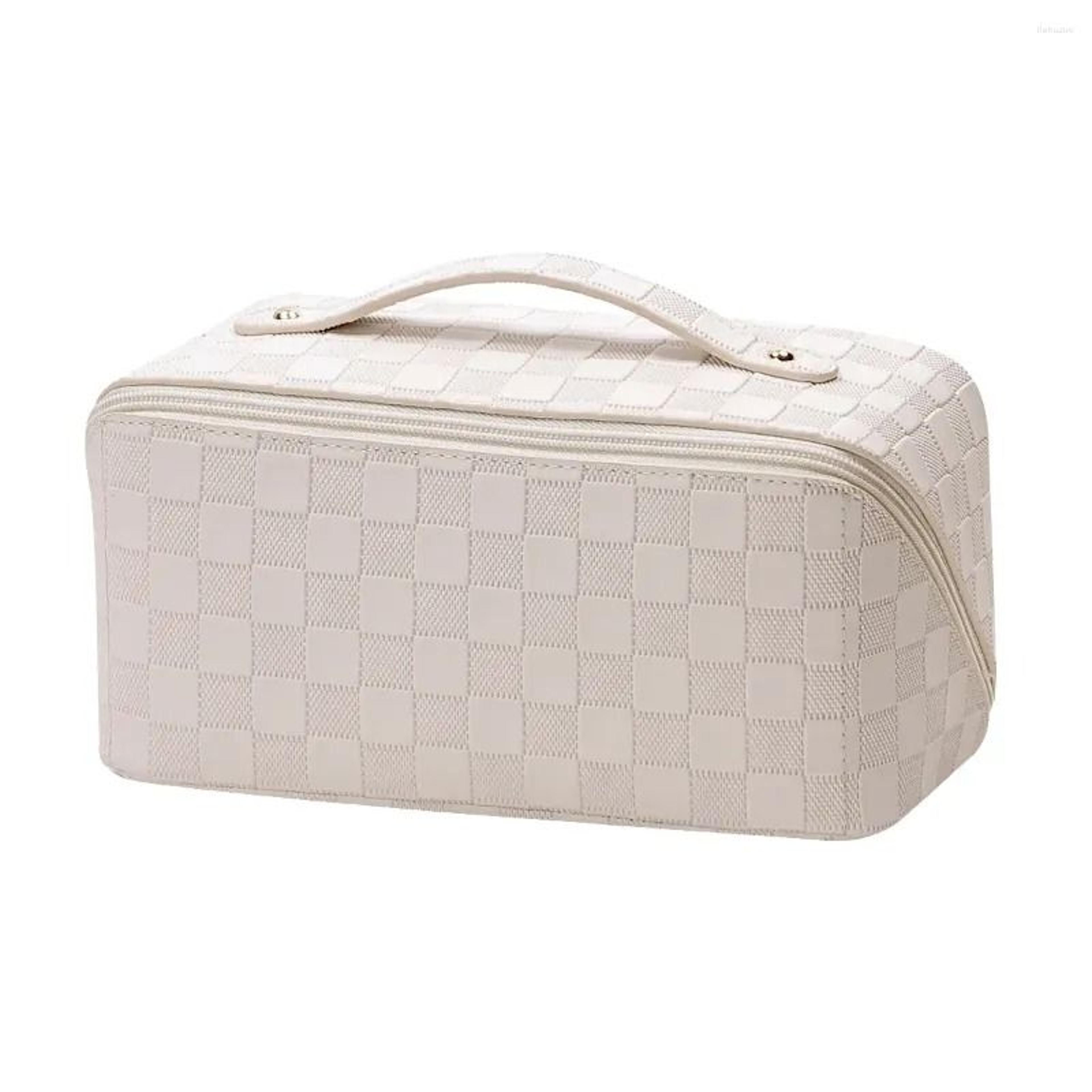 pu leather makeup bag with plaid design and zipper closure