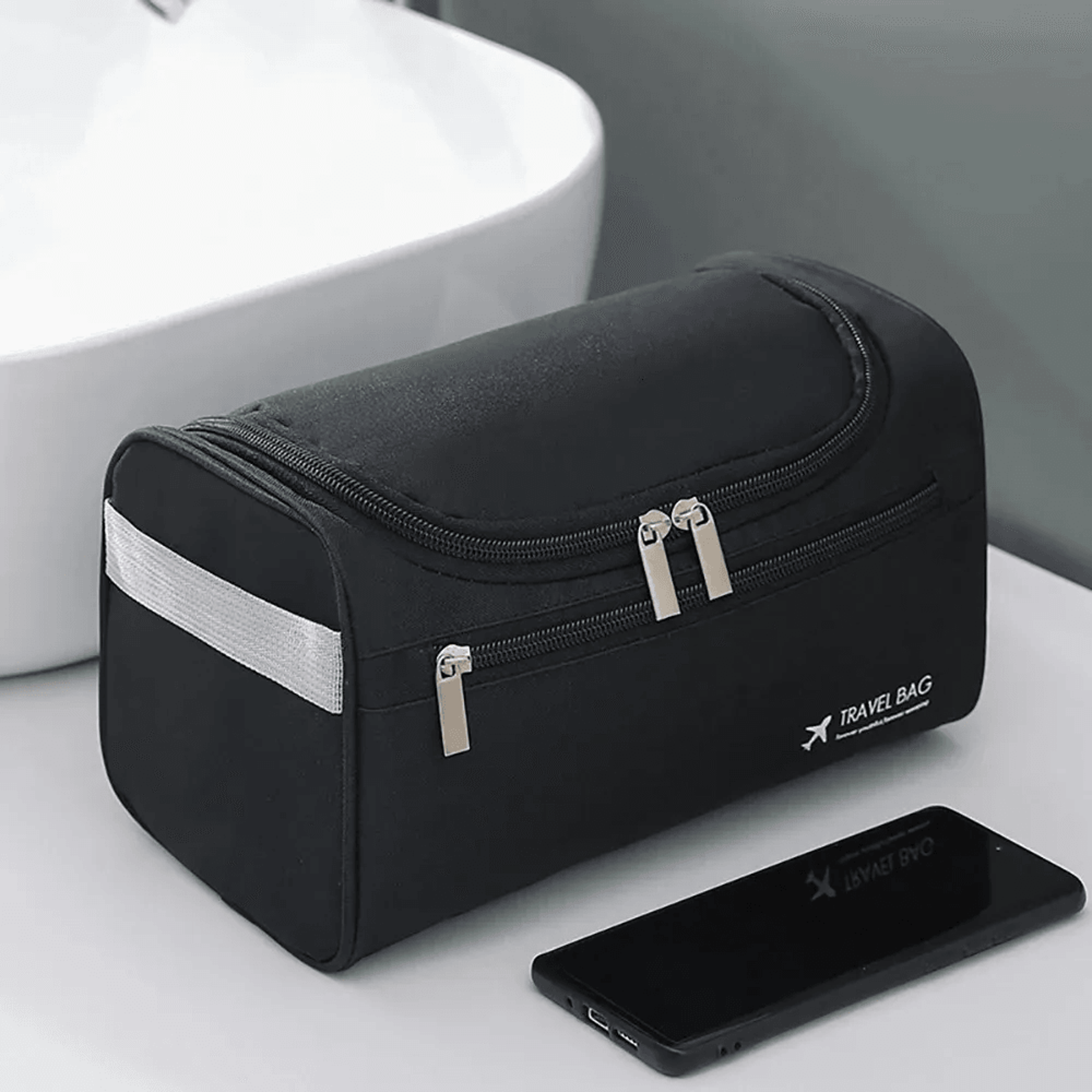 men hanging travel toiletry bag with water-resistant nylon and multiple compartments