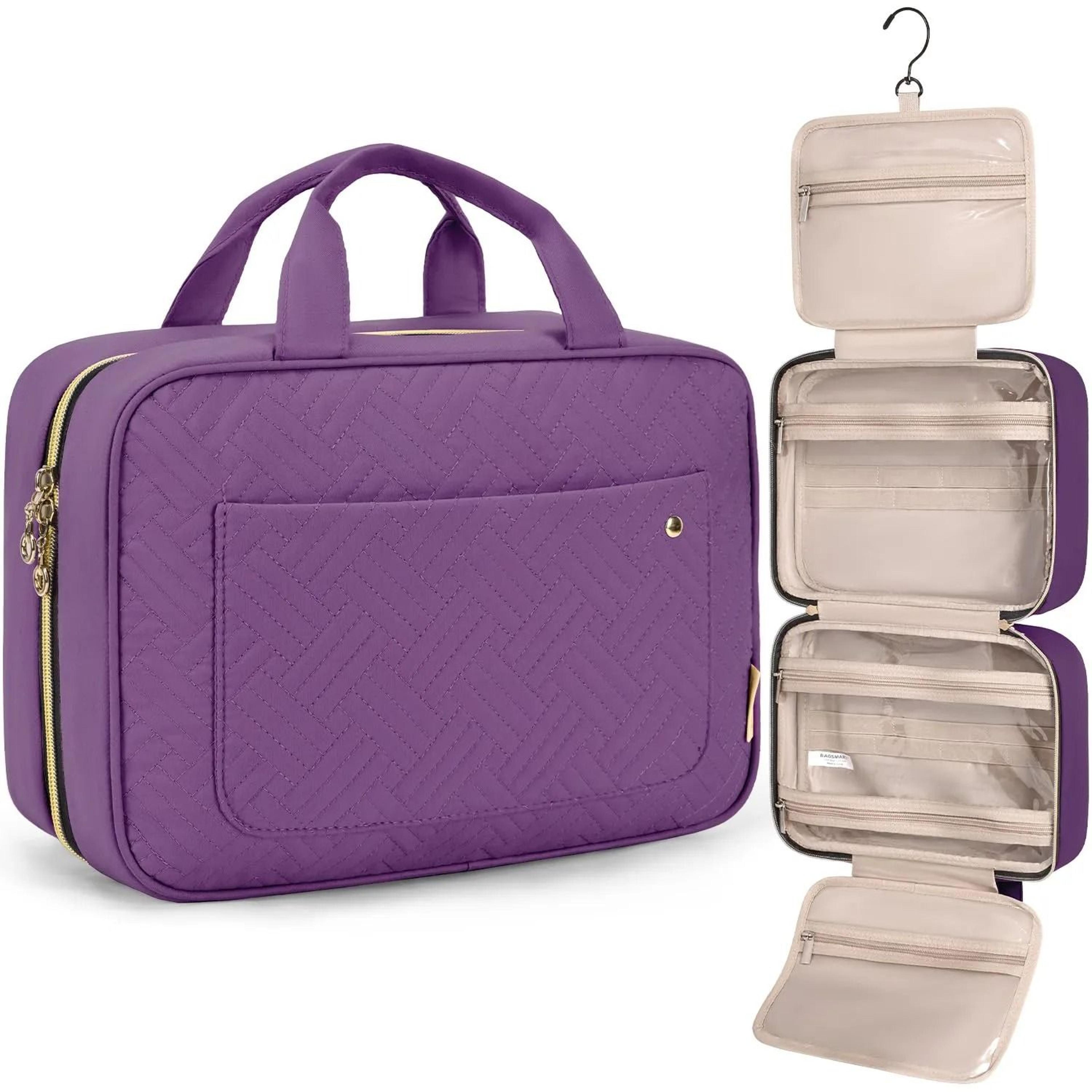 large travel cosmetic bag with multiple compartments and zippered pockets
