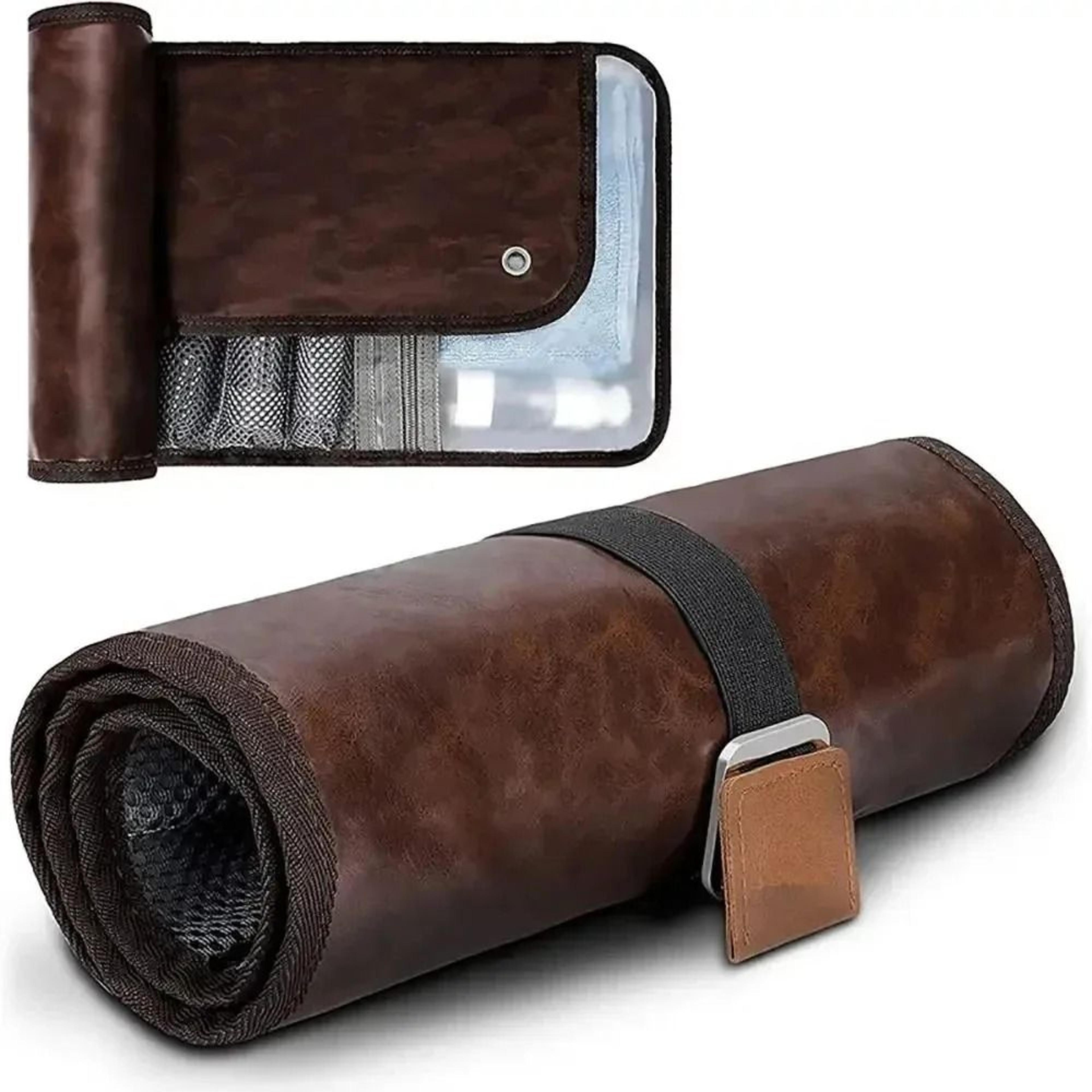men water-resistant pu leather toiletry bag with hanging hook and roll-up design