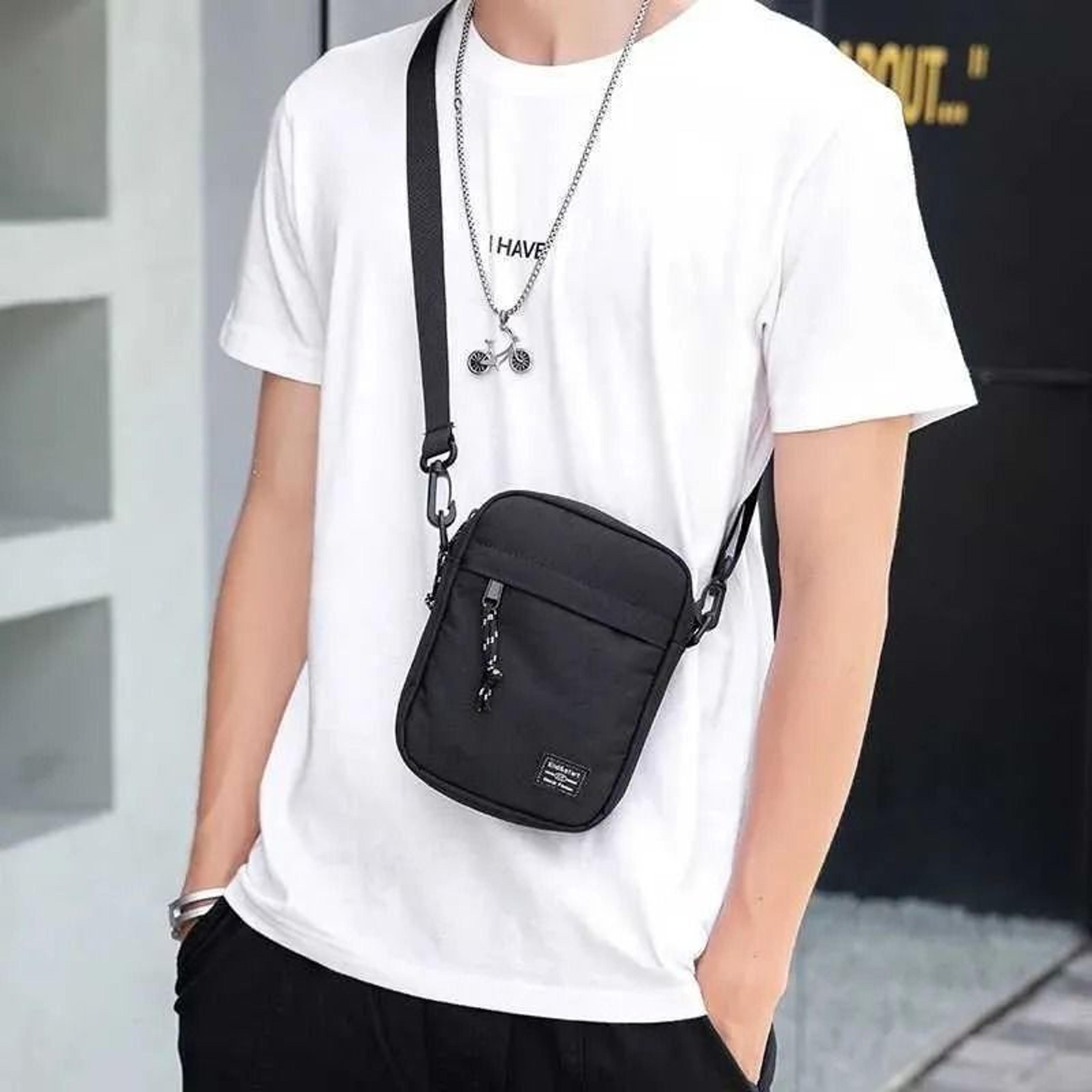 mens mini nylon crossbody bag with adjustable strap and zippered compartments