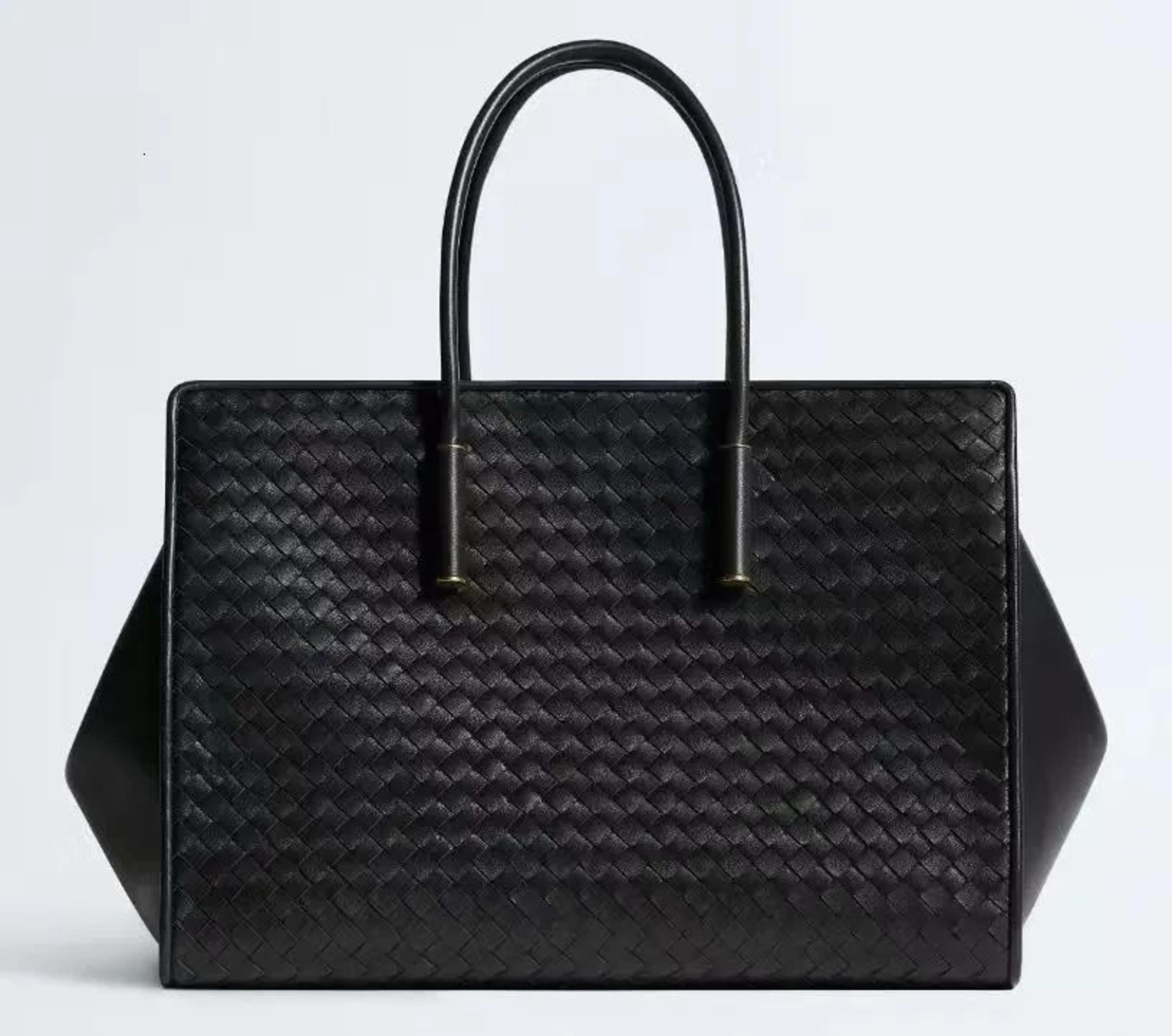 large woven tote bag with laptop compartment and matching belt