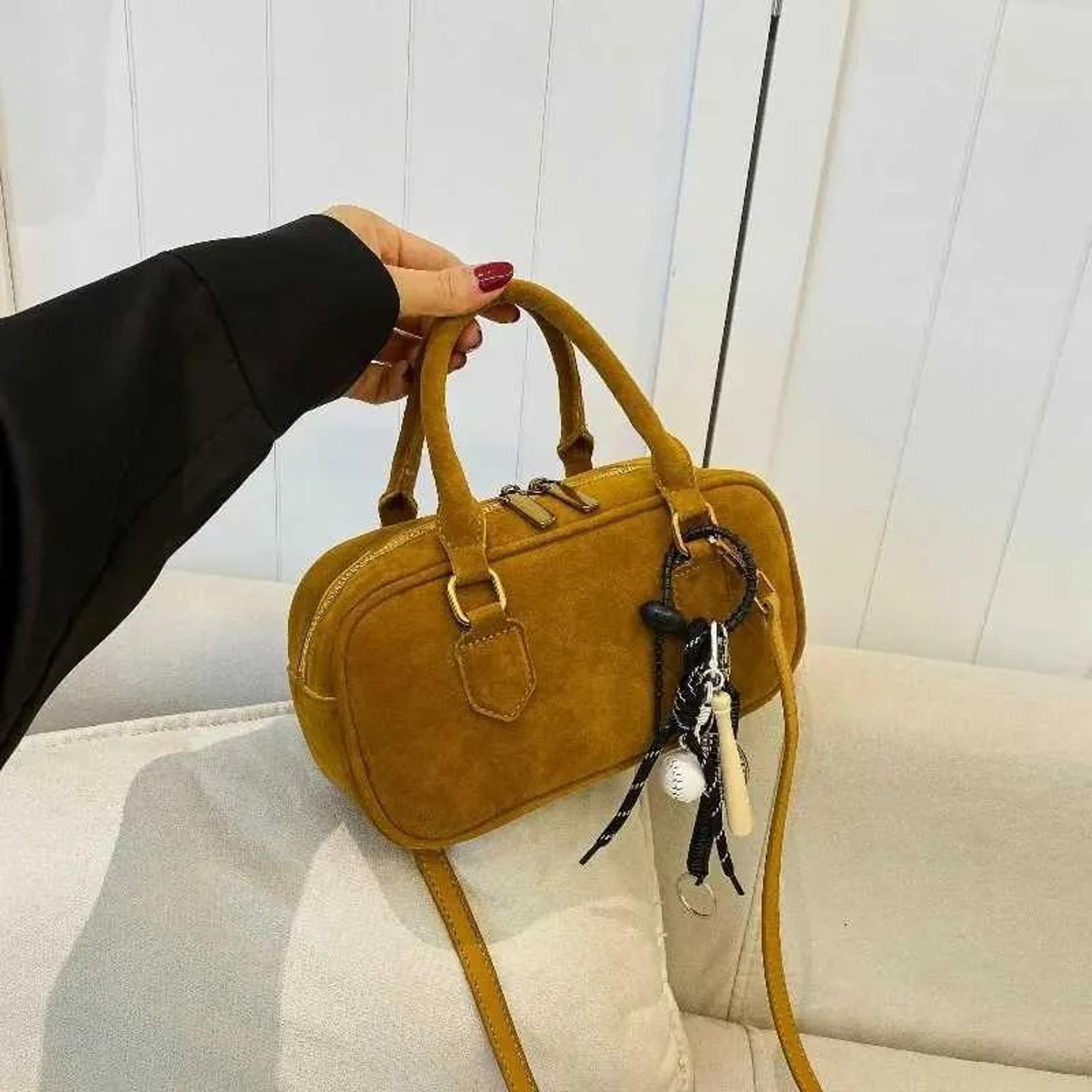women's vintage suede square shoulder bag with short handle and pendant