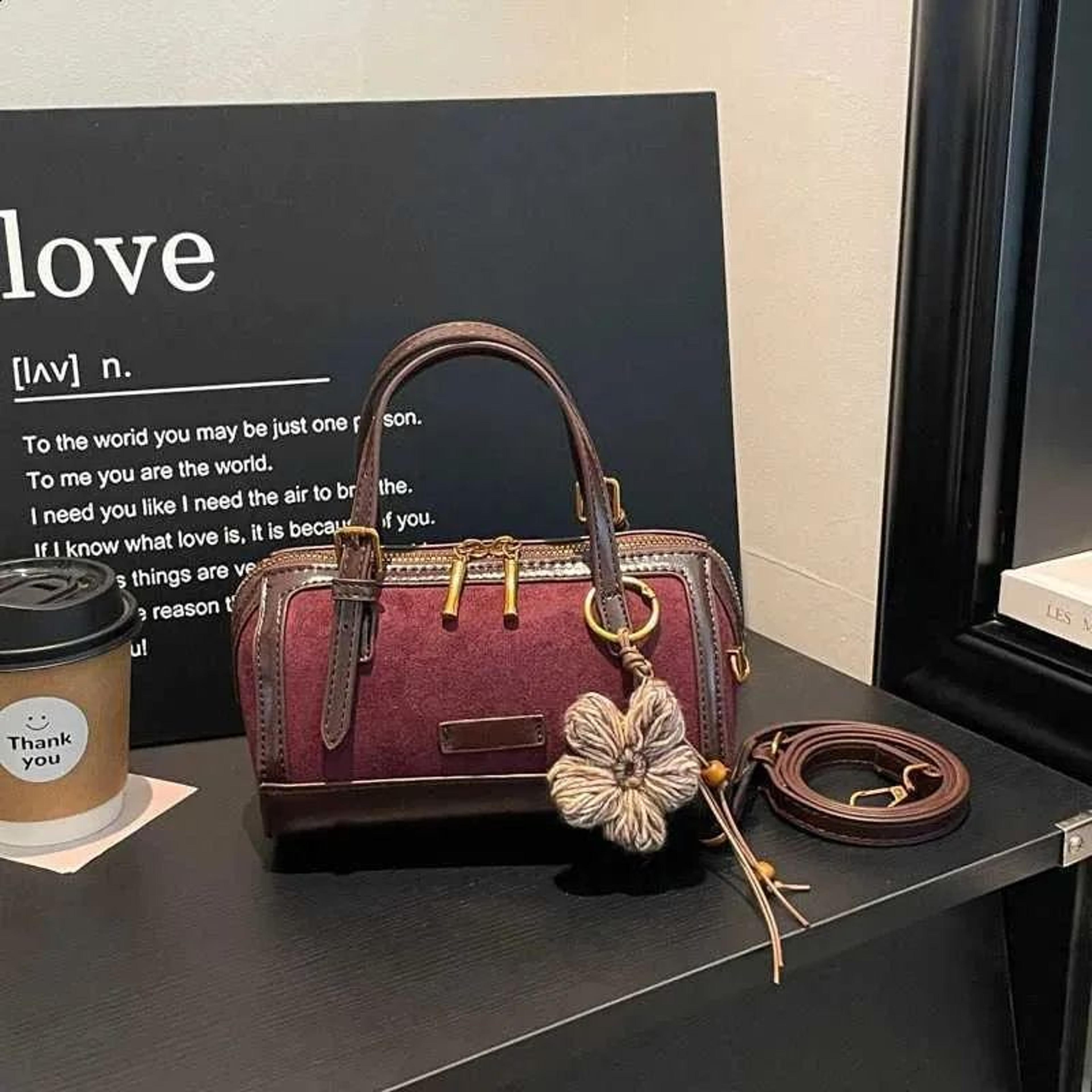 vintage mini boston crossbody bag for women with faux suede patchwork and flower pendant