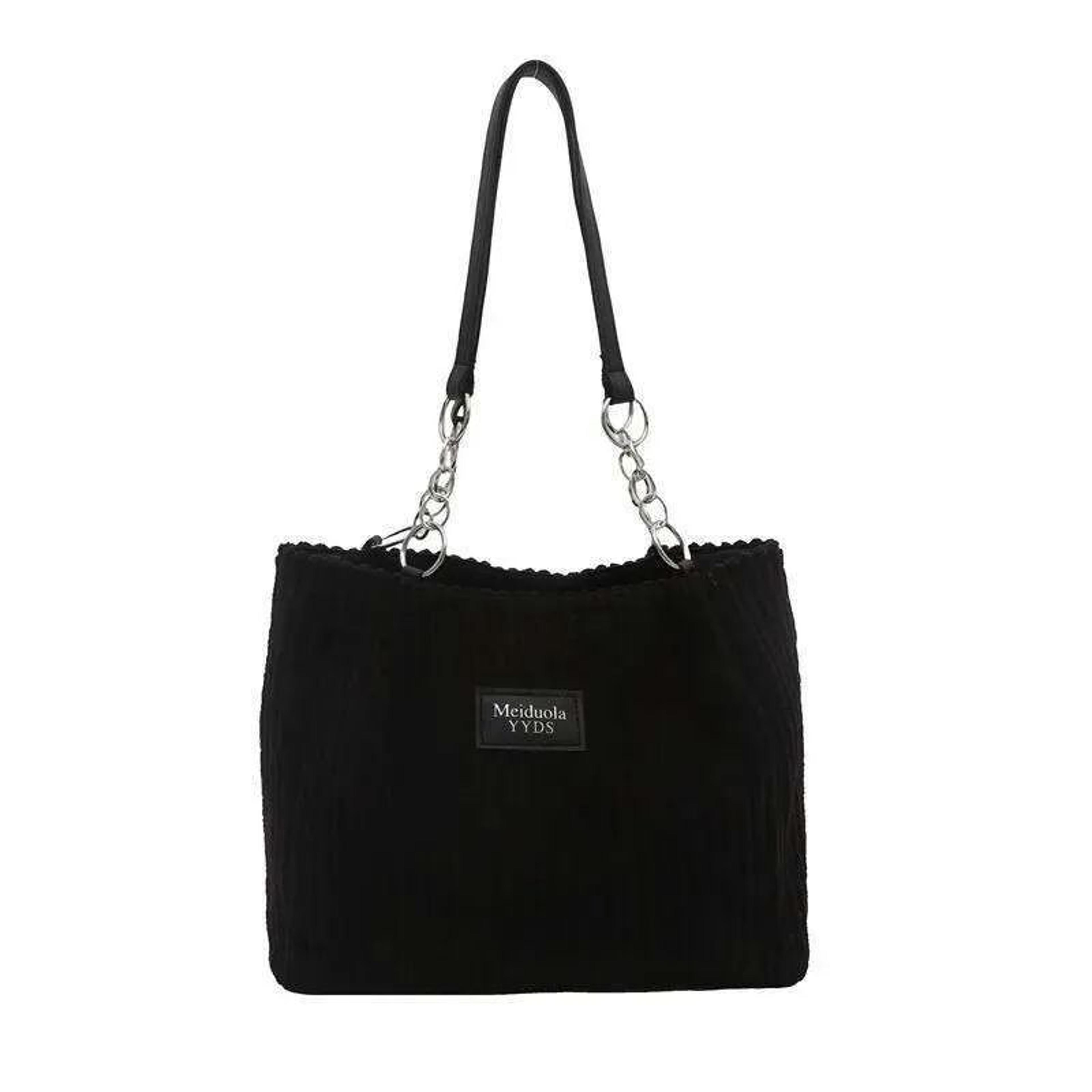 women corduroy tote bag with leather accents and chain strap
