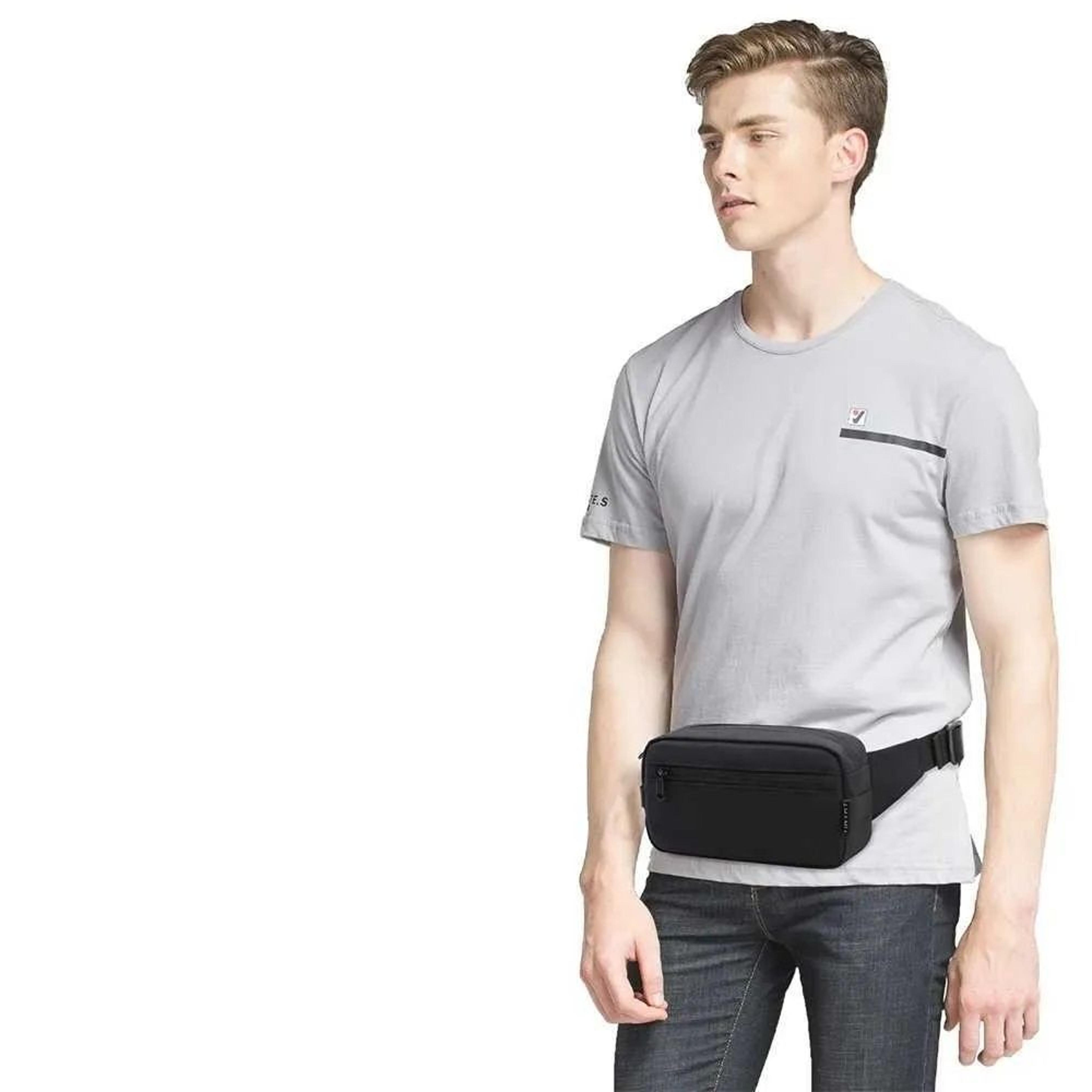 nylon fanny pack with adjustable waist strap and multiple pockets