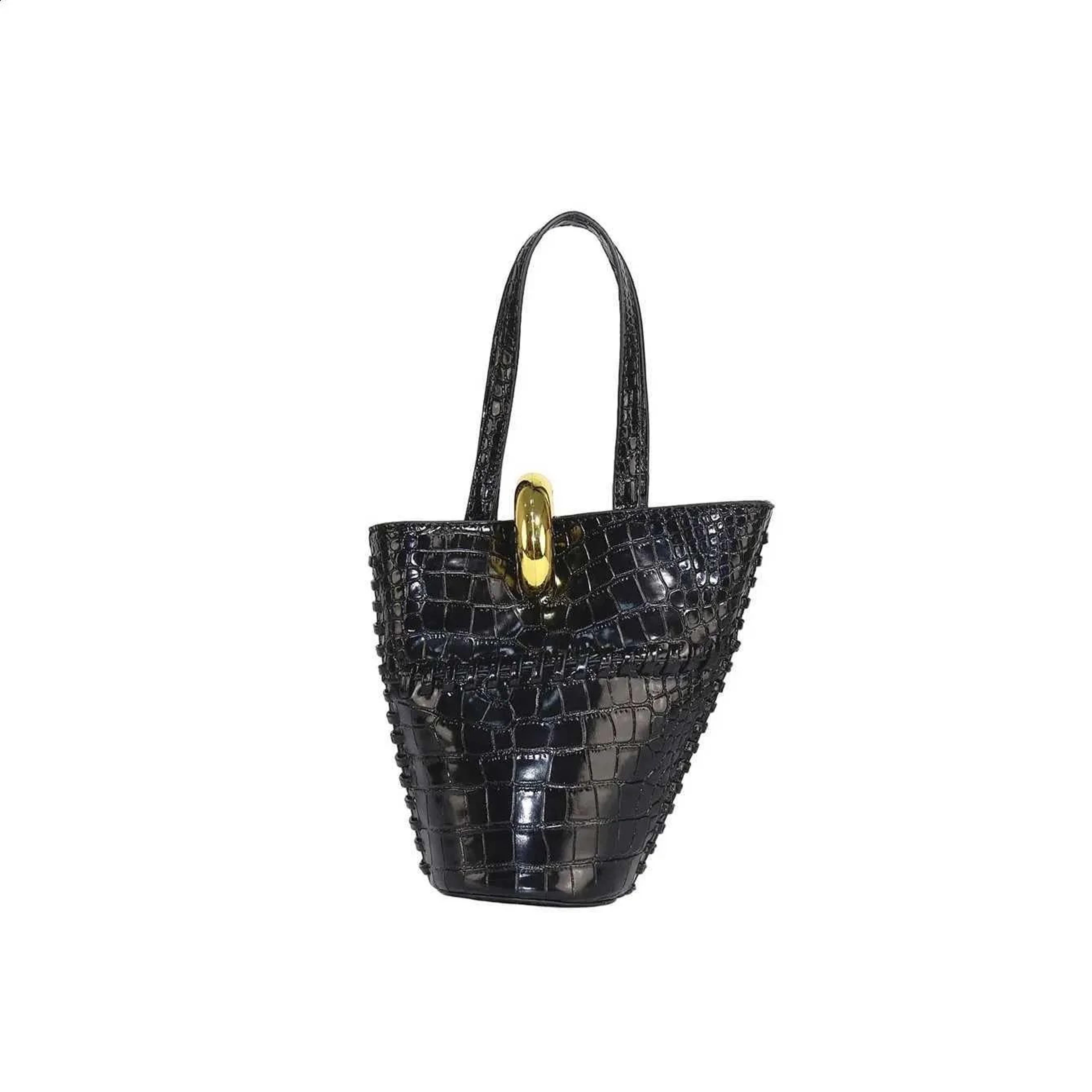 womens crocodile pattern bucket bag with metal buckle and adjustable crossbody strap