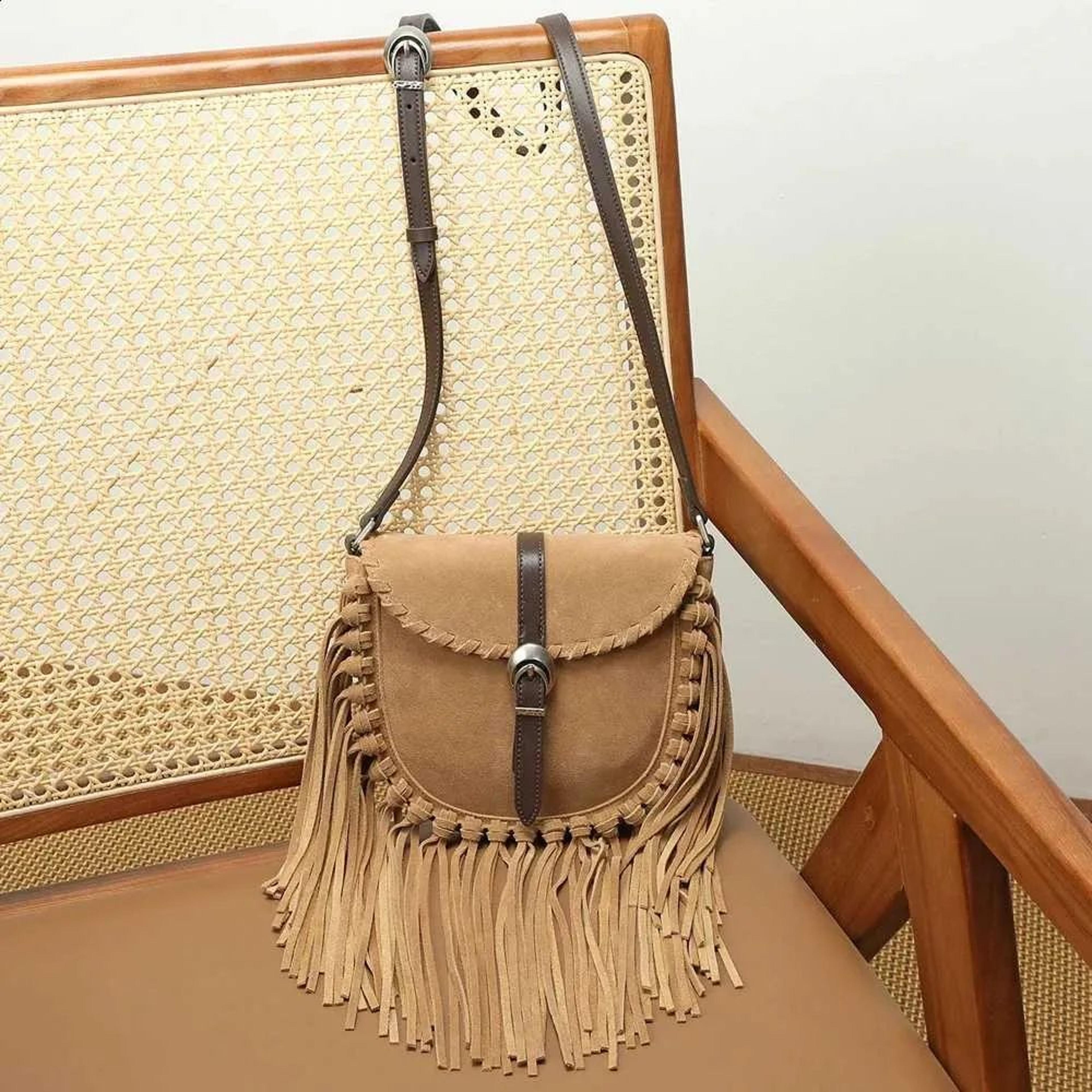 womens genuine leather fringe saddle crossbody bag with suede tassels