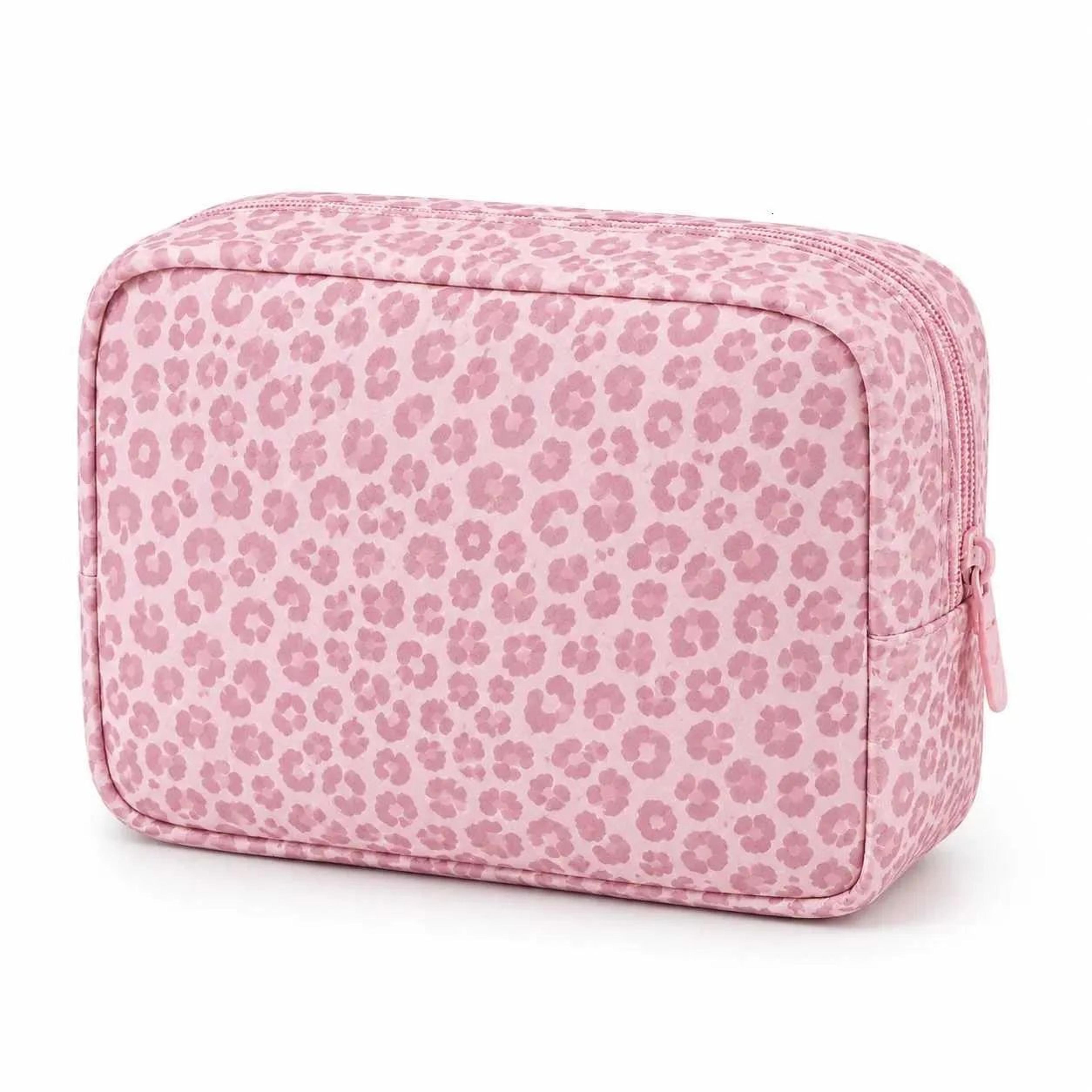 pink leopard print makeup bag soft zipper cosmetic pouch for travel