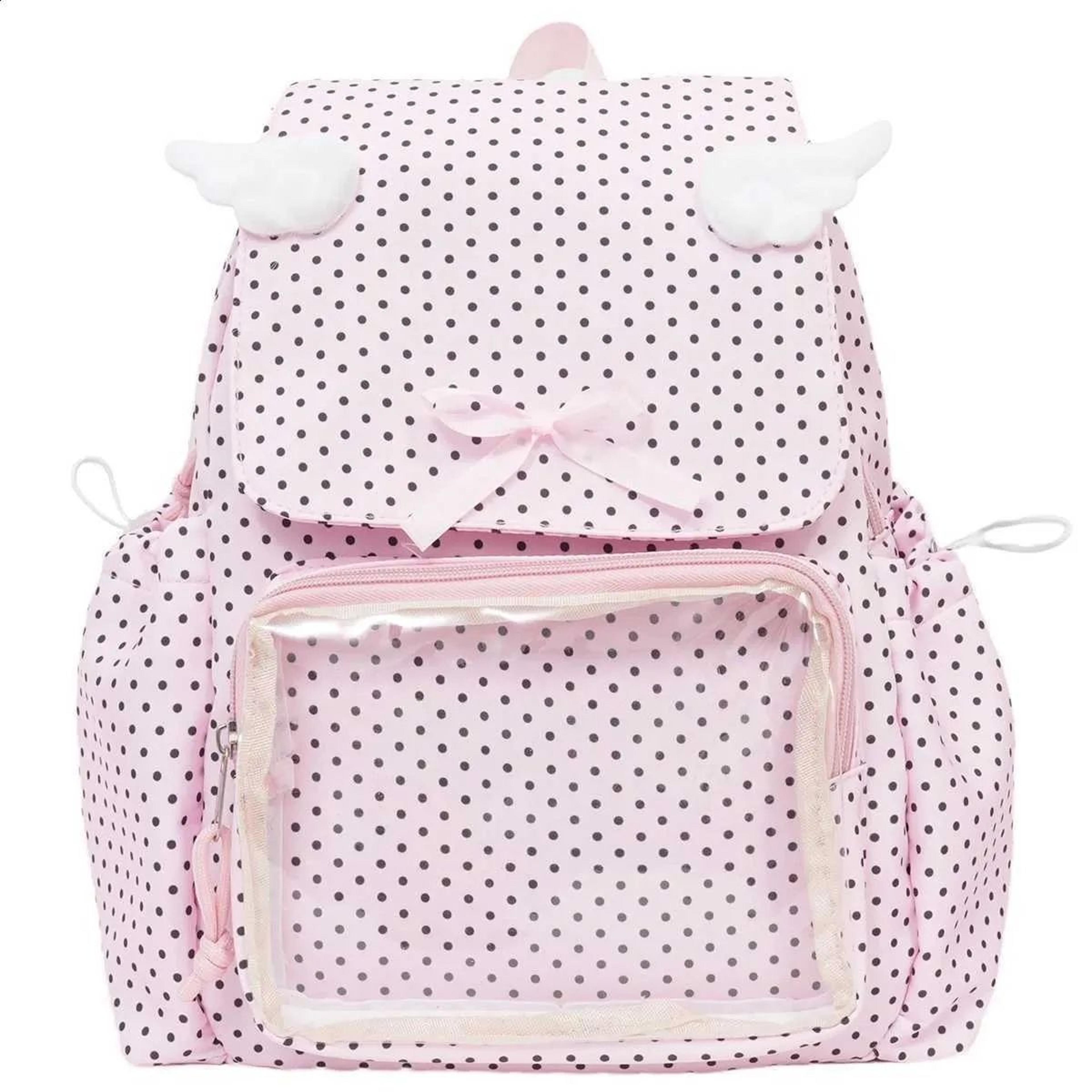 clear window ita backpack for girls with polka dot design and bow