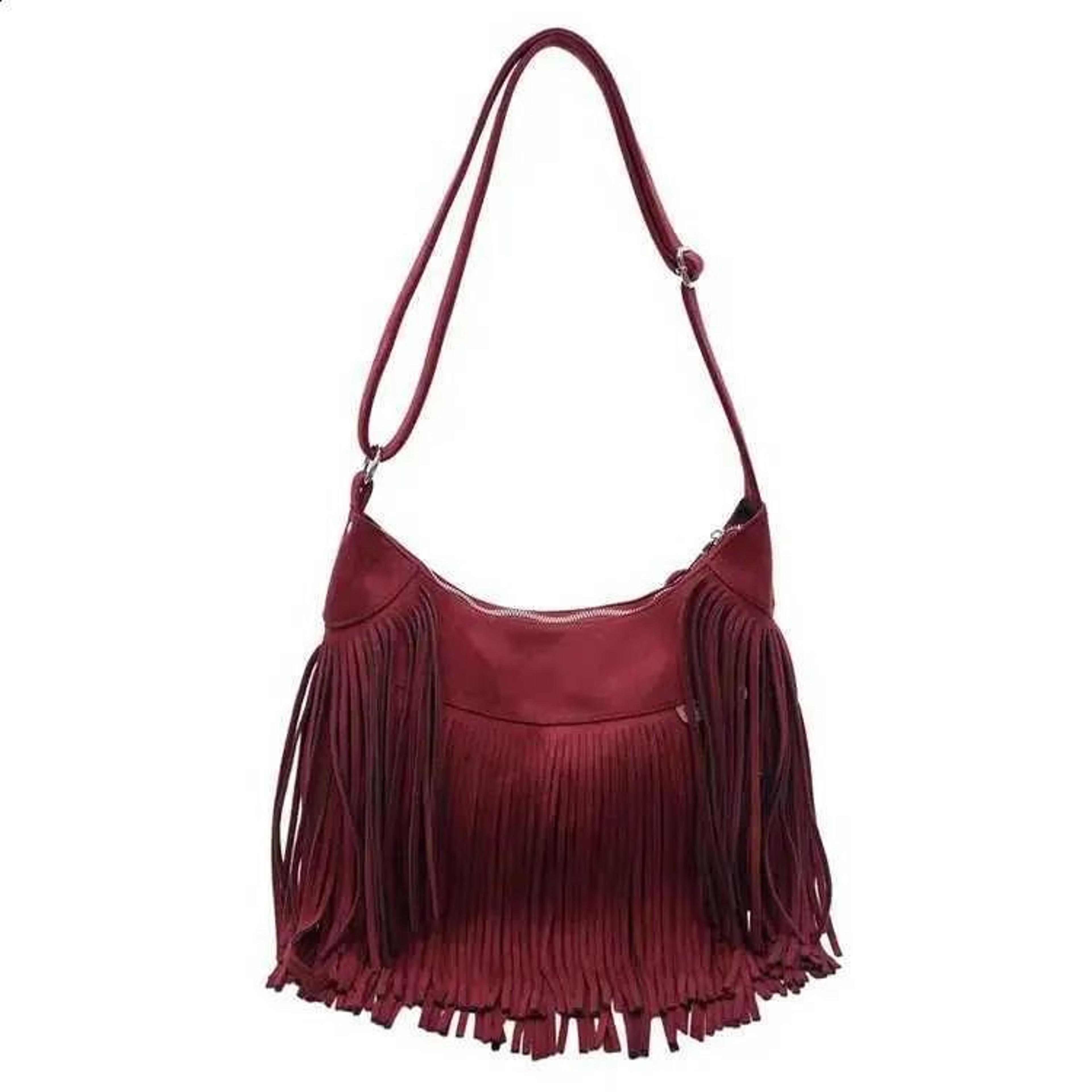 women's large camel suede hobo shoulder bag with long fringe and zipper closure