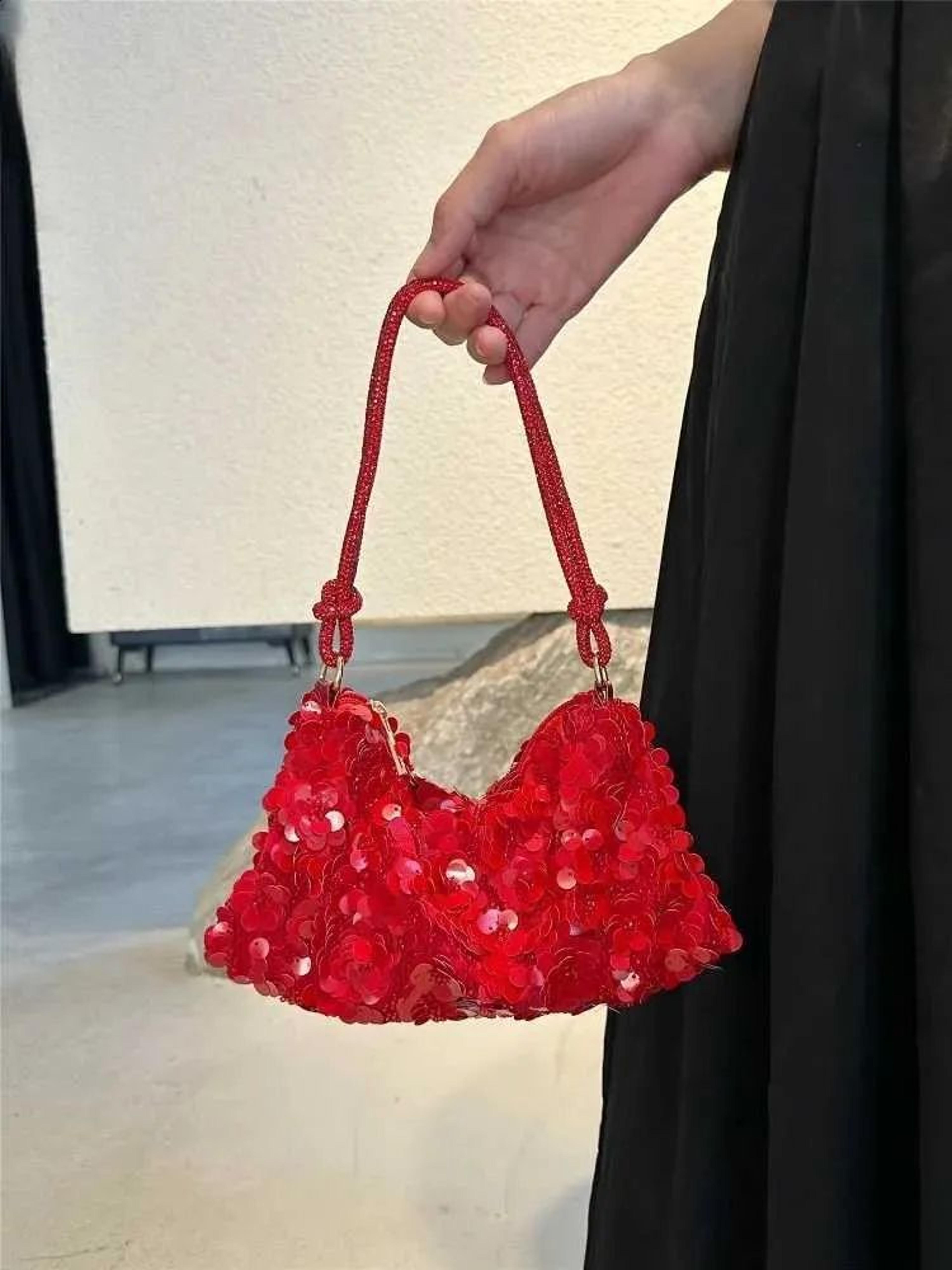 mini sequin shoulder bag for women with red floral design