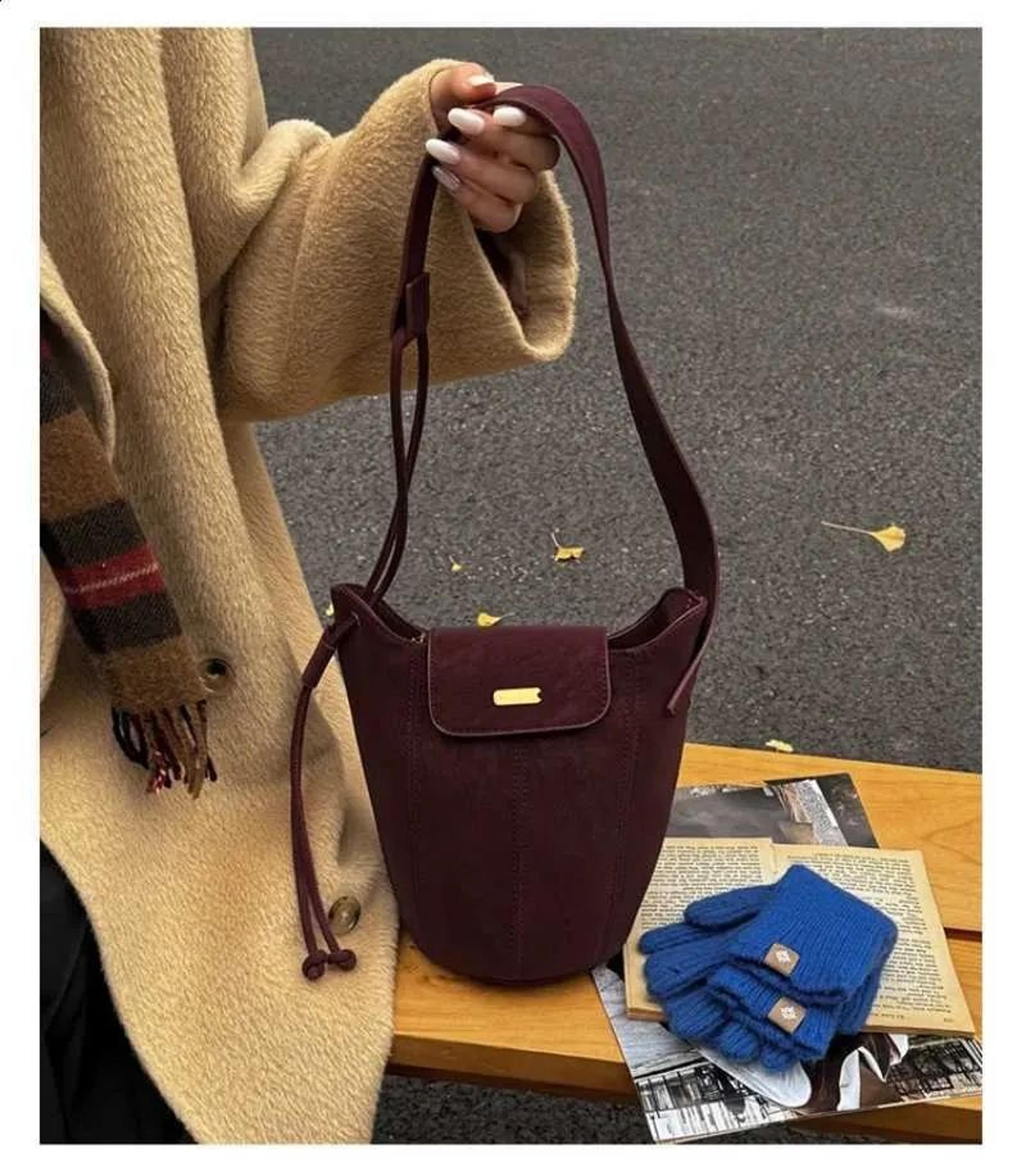 women's suede leather bucket shoulder bag soft casual everyday purse