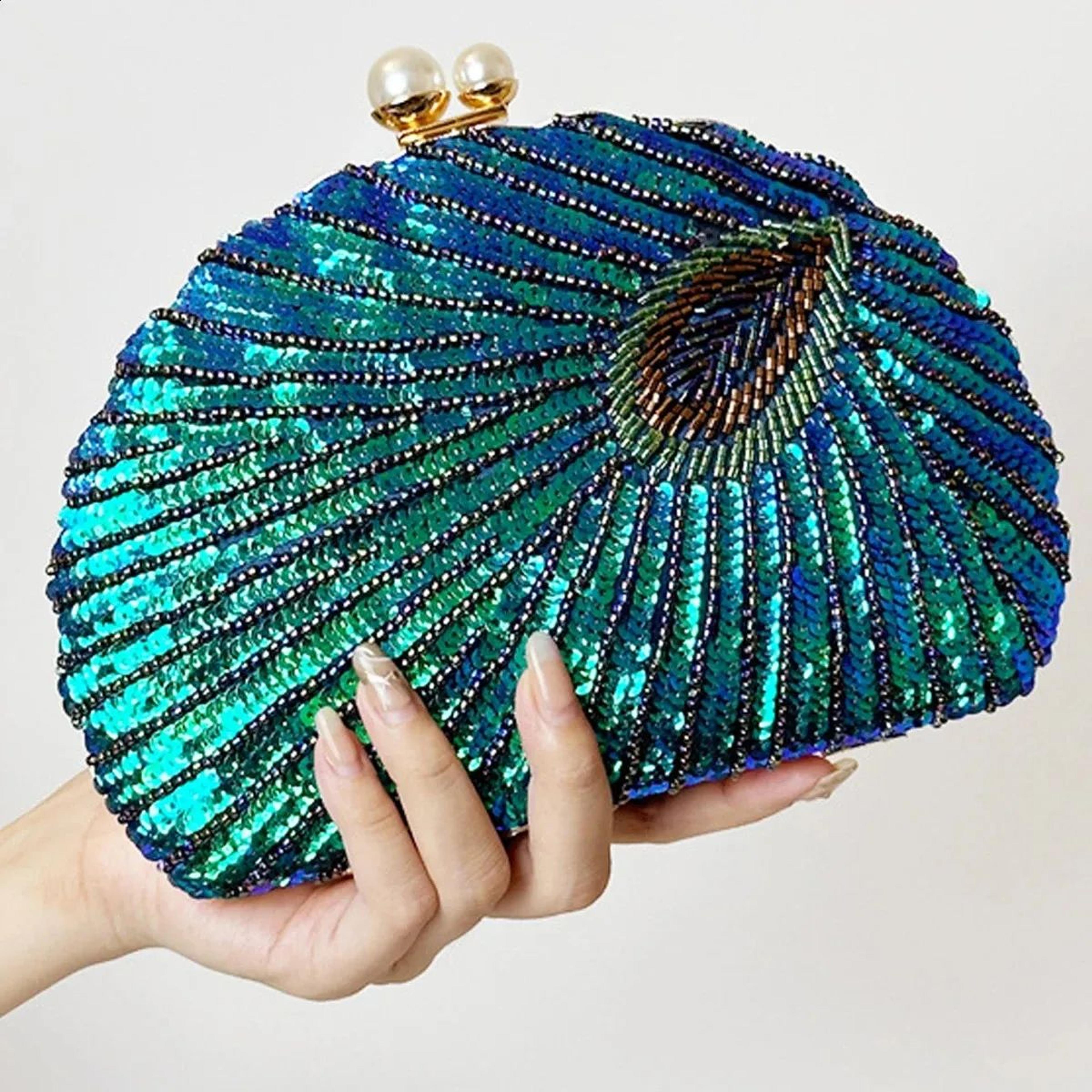 vintage peacock feather sequin clutch evening bag for women