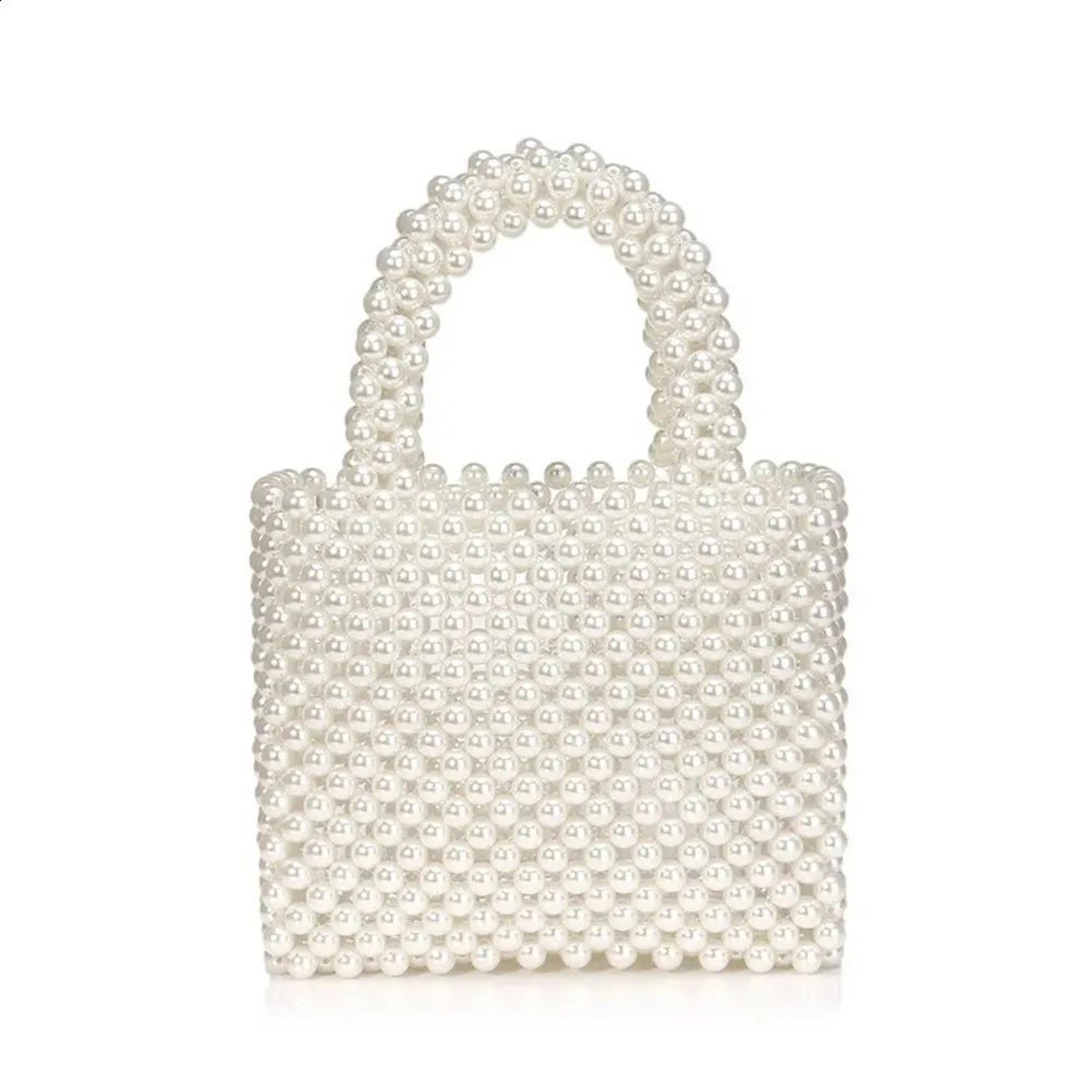 handmade pearl beaded tote bag for women woven handbag with zipper closure