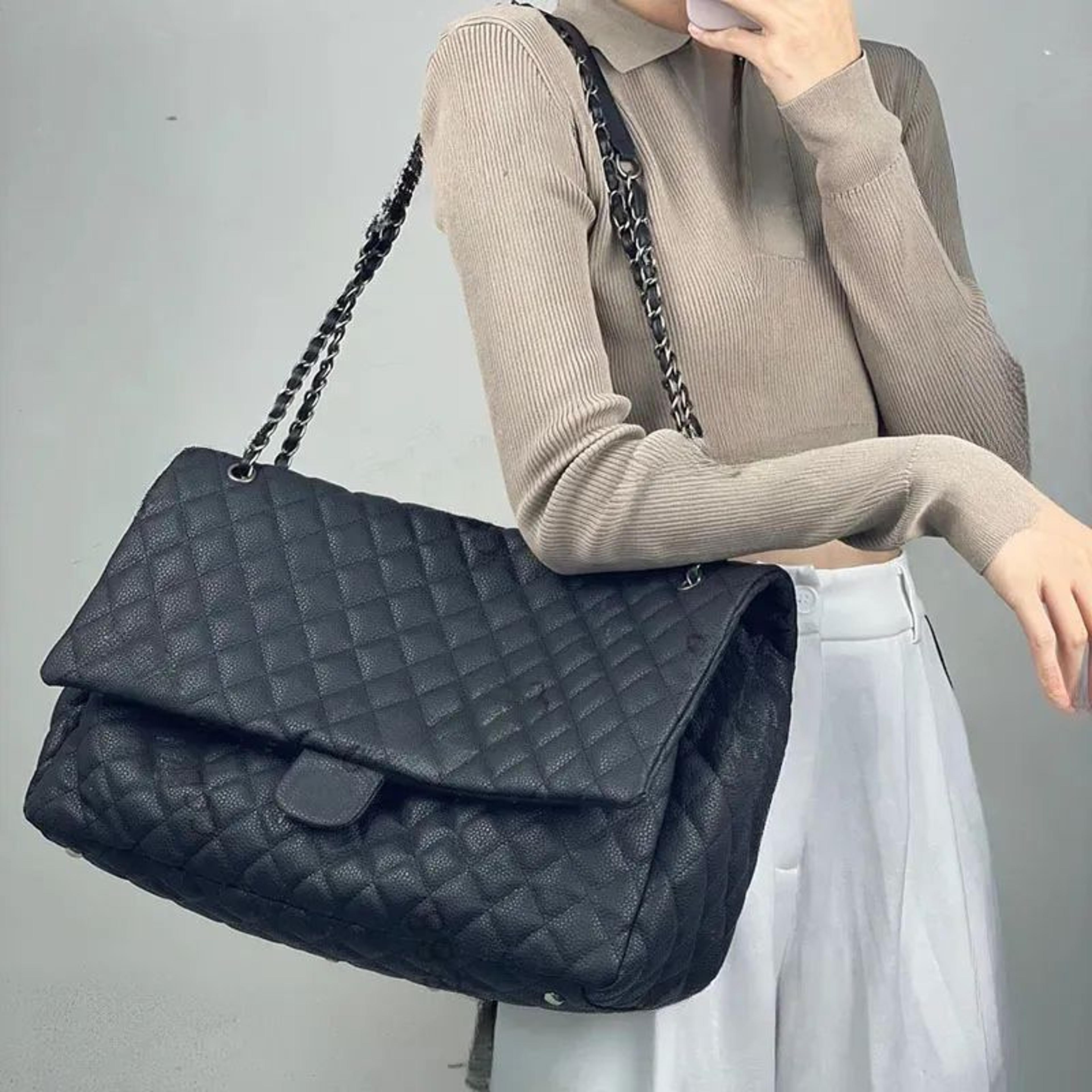 women genuine calfskin leather xxl quilted shoulder bag with chain strap
