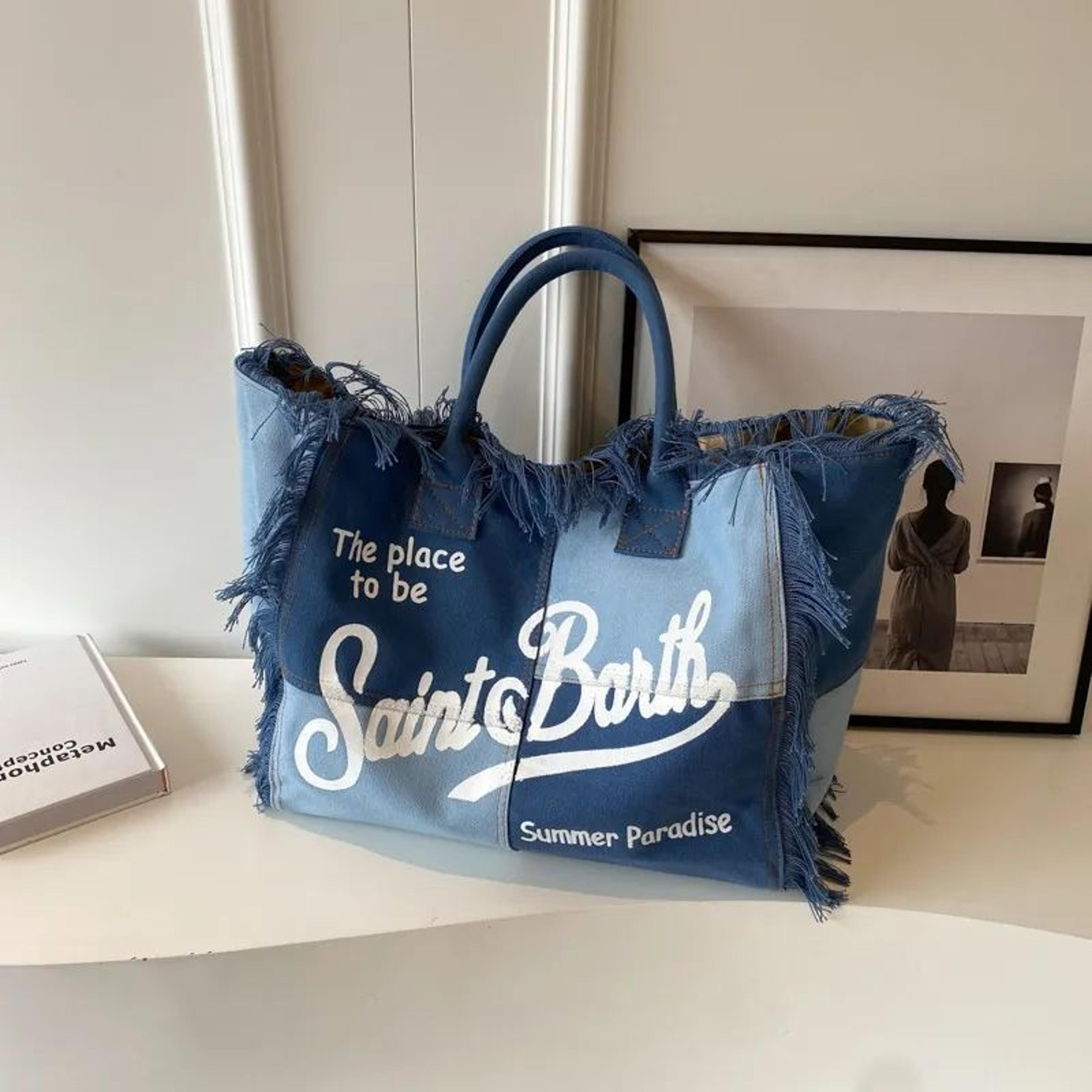 large capacity denim print beach tote bag with shoulder strap and tassel detail