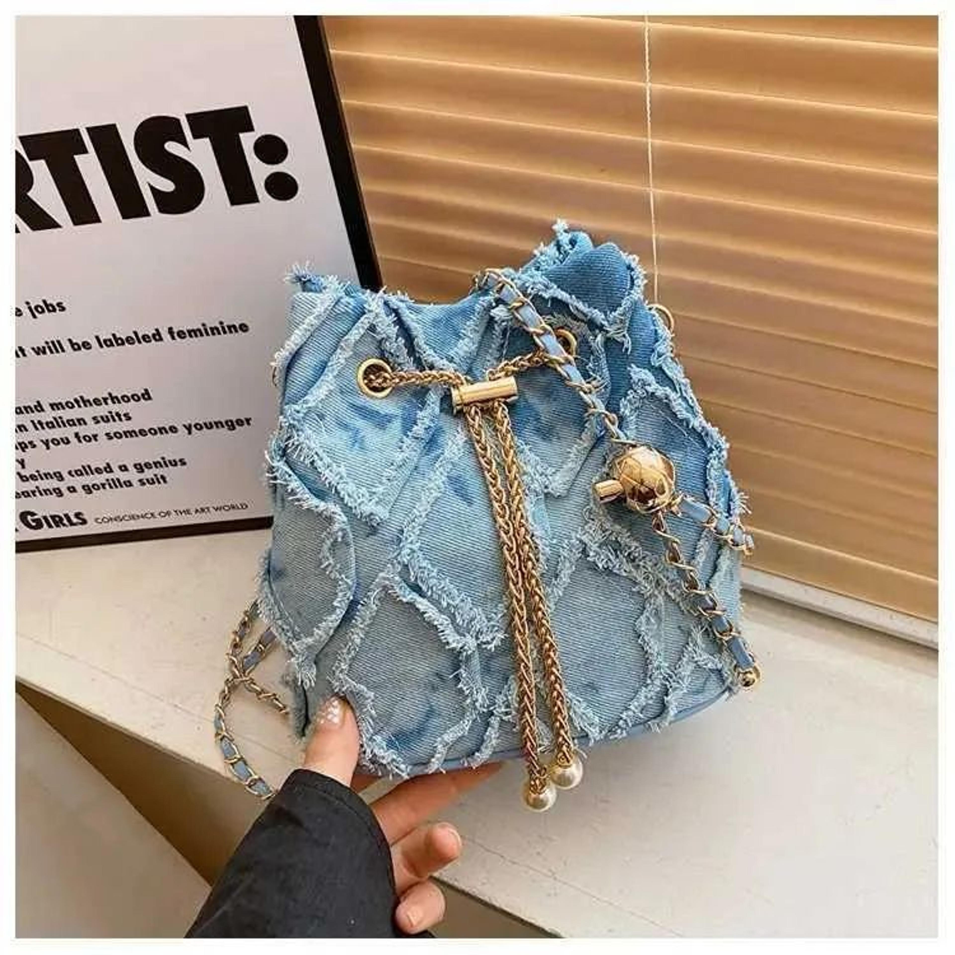 women's denim bucket bag with adjustable crossbody strap and large capacity