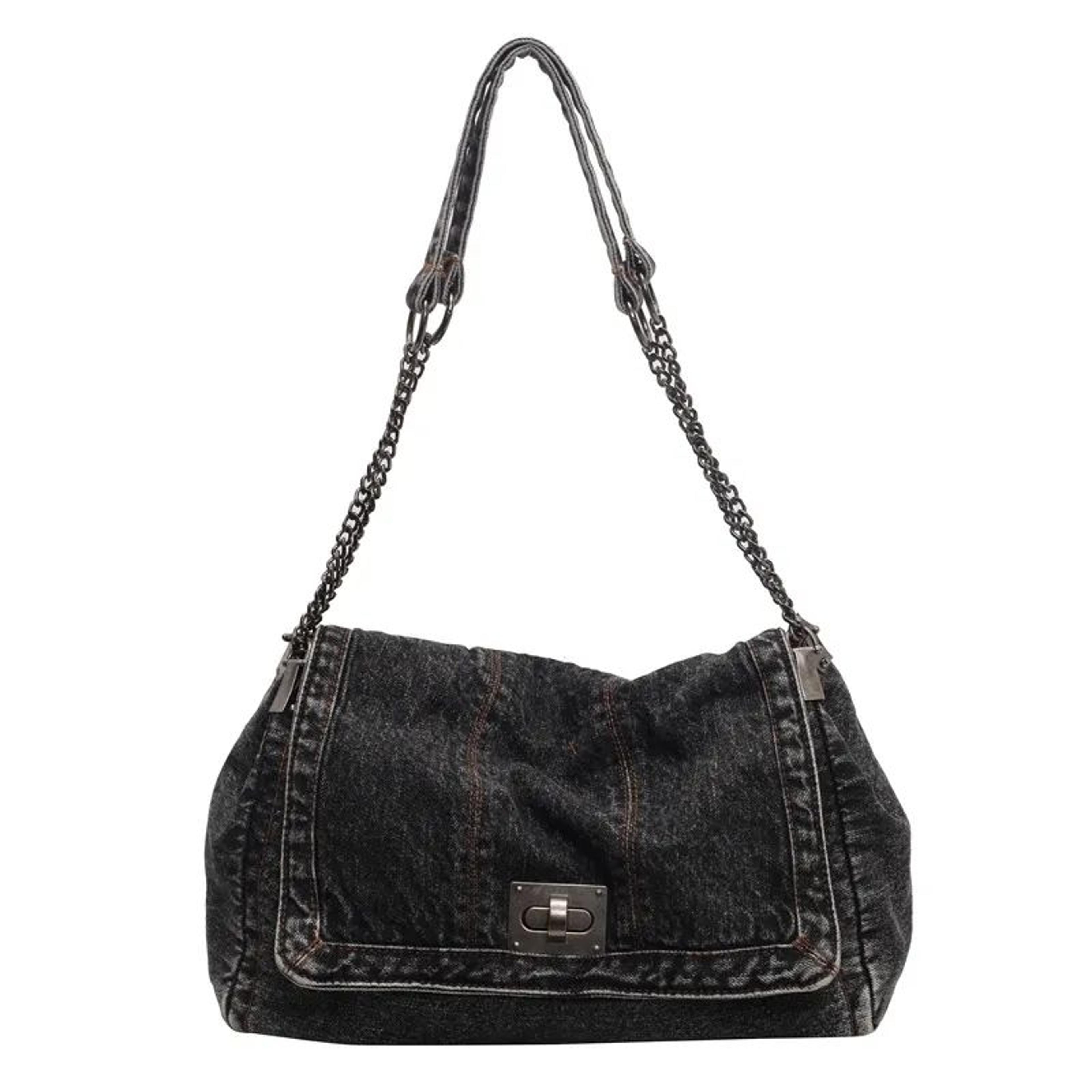women denim tote bag with adjustable chain strap and convertible crossbody design