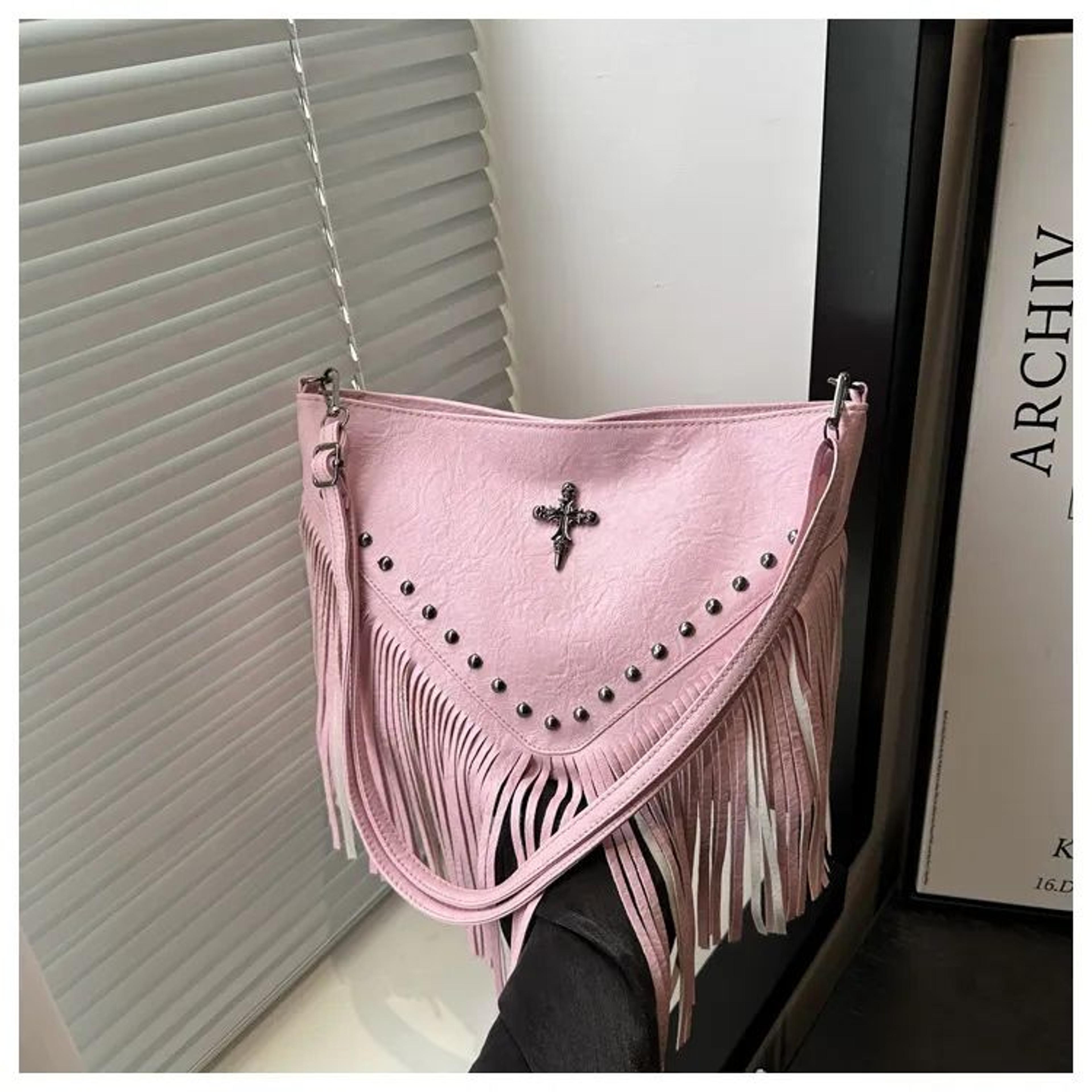 women fringe crossbody hobo bag with rivet details and cross charm