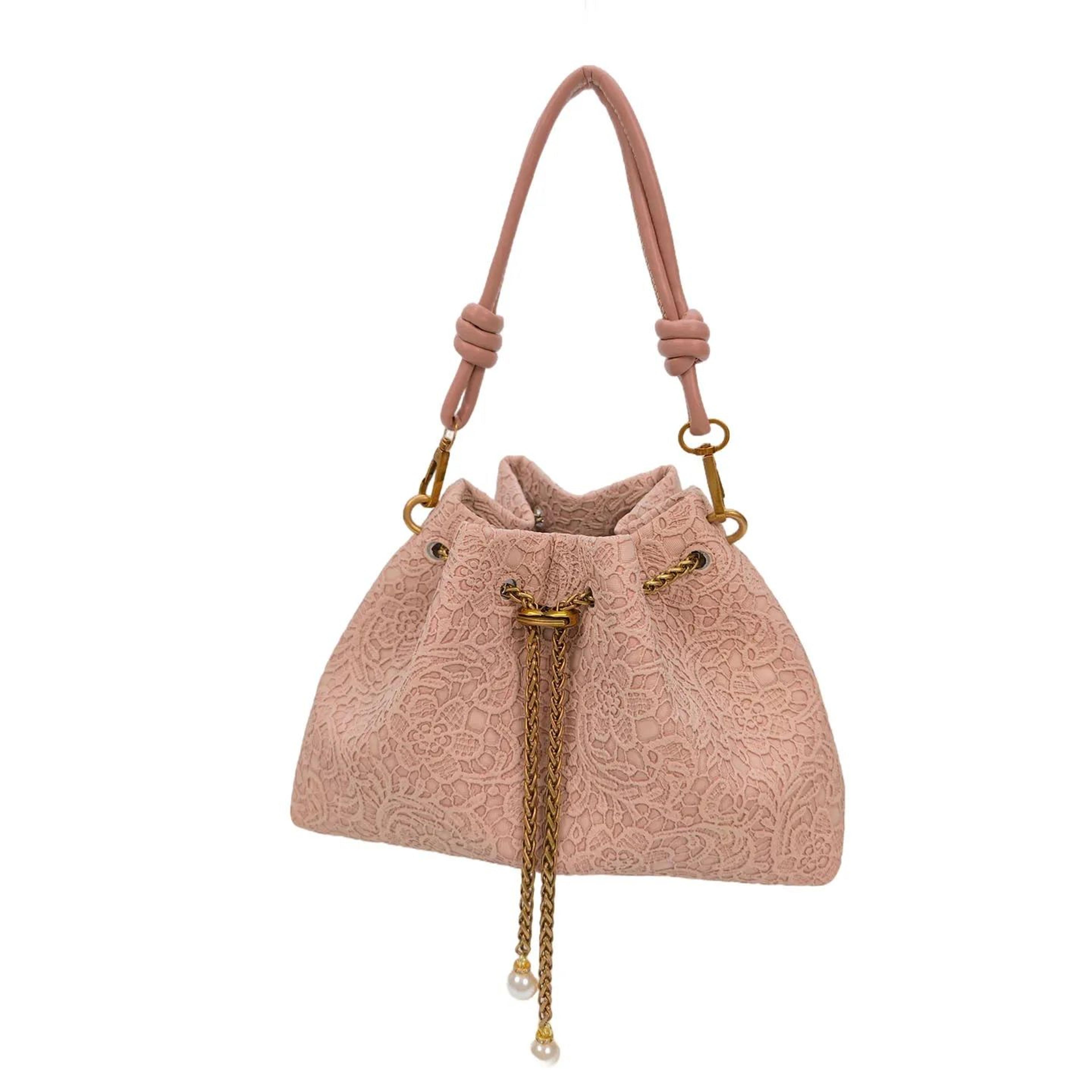 chain bucket shoulder bag with drawstring closure and crossbody style