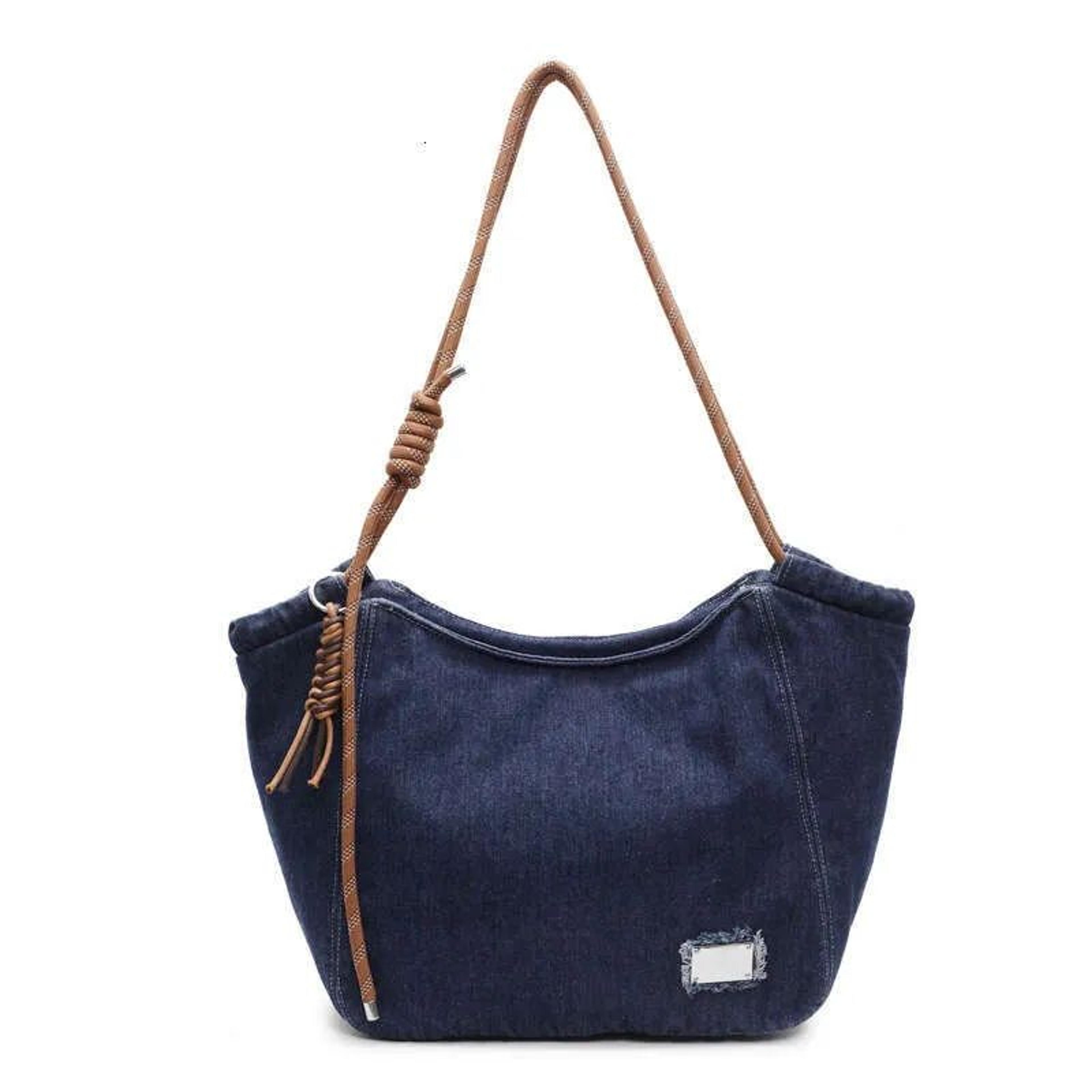 women large capacity denim tote bag with adjustable crossbody strap