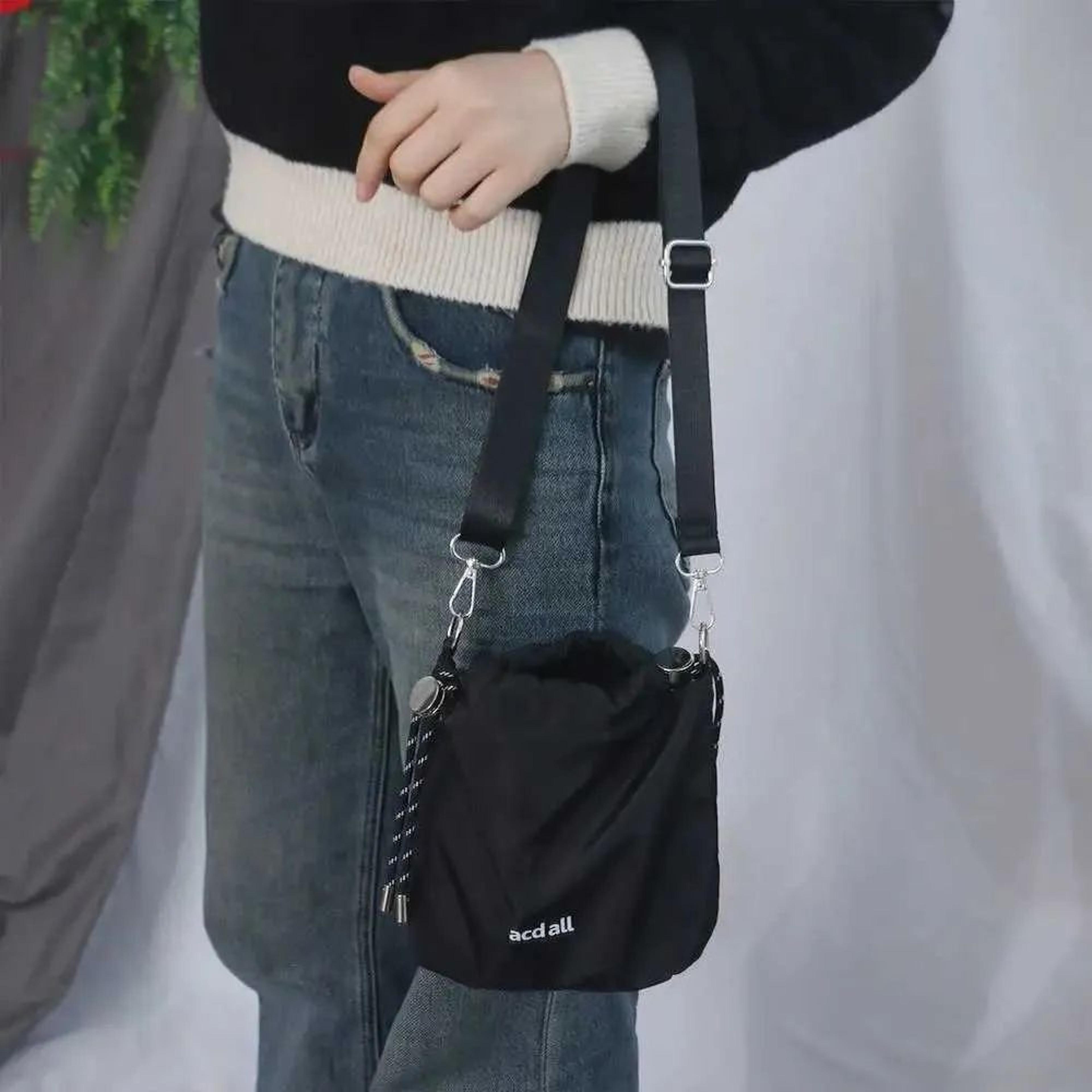 black nylon drawstring bucket crossbody shoulder bag