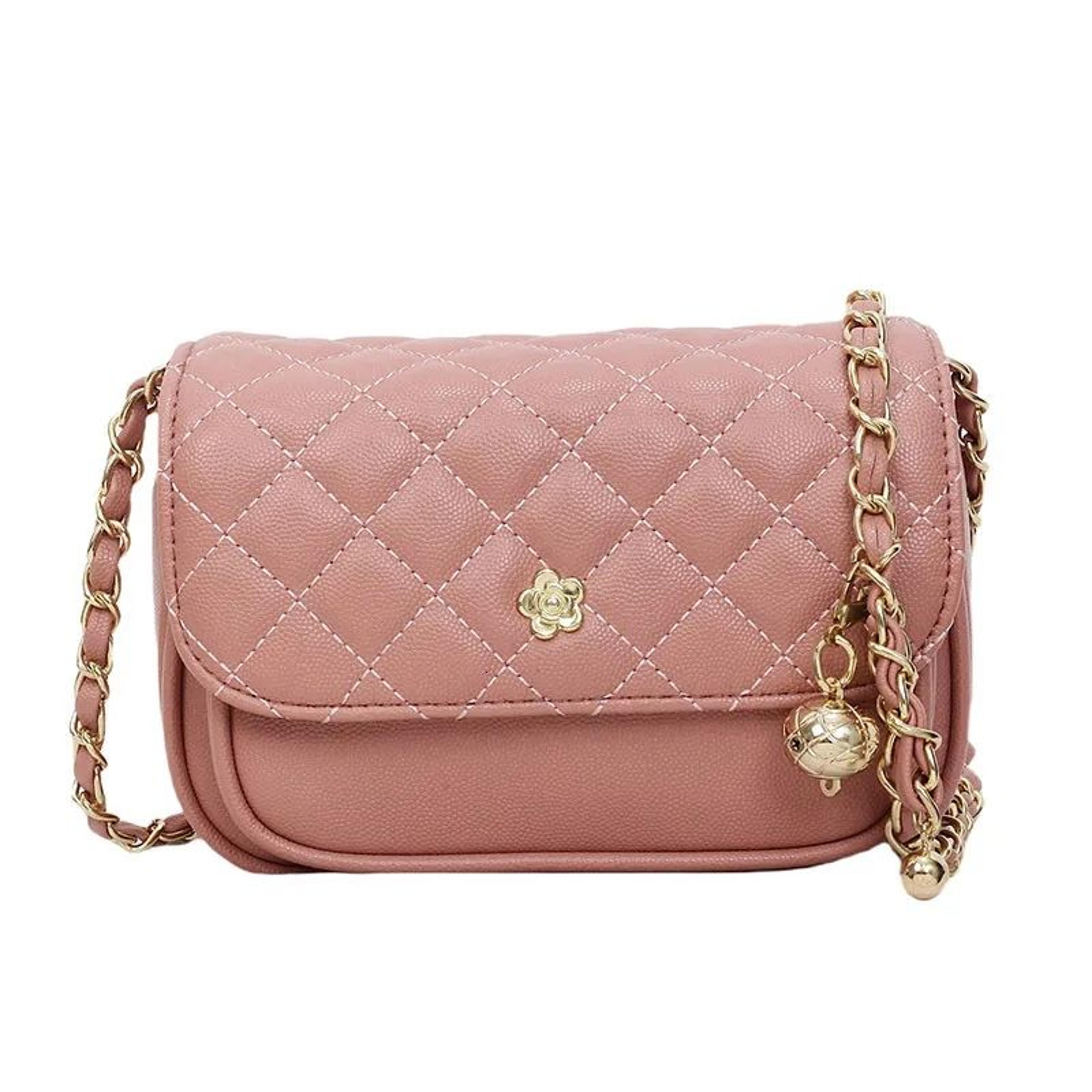 womens quilted crossbody bag with gold ball chain strap and camellia accent