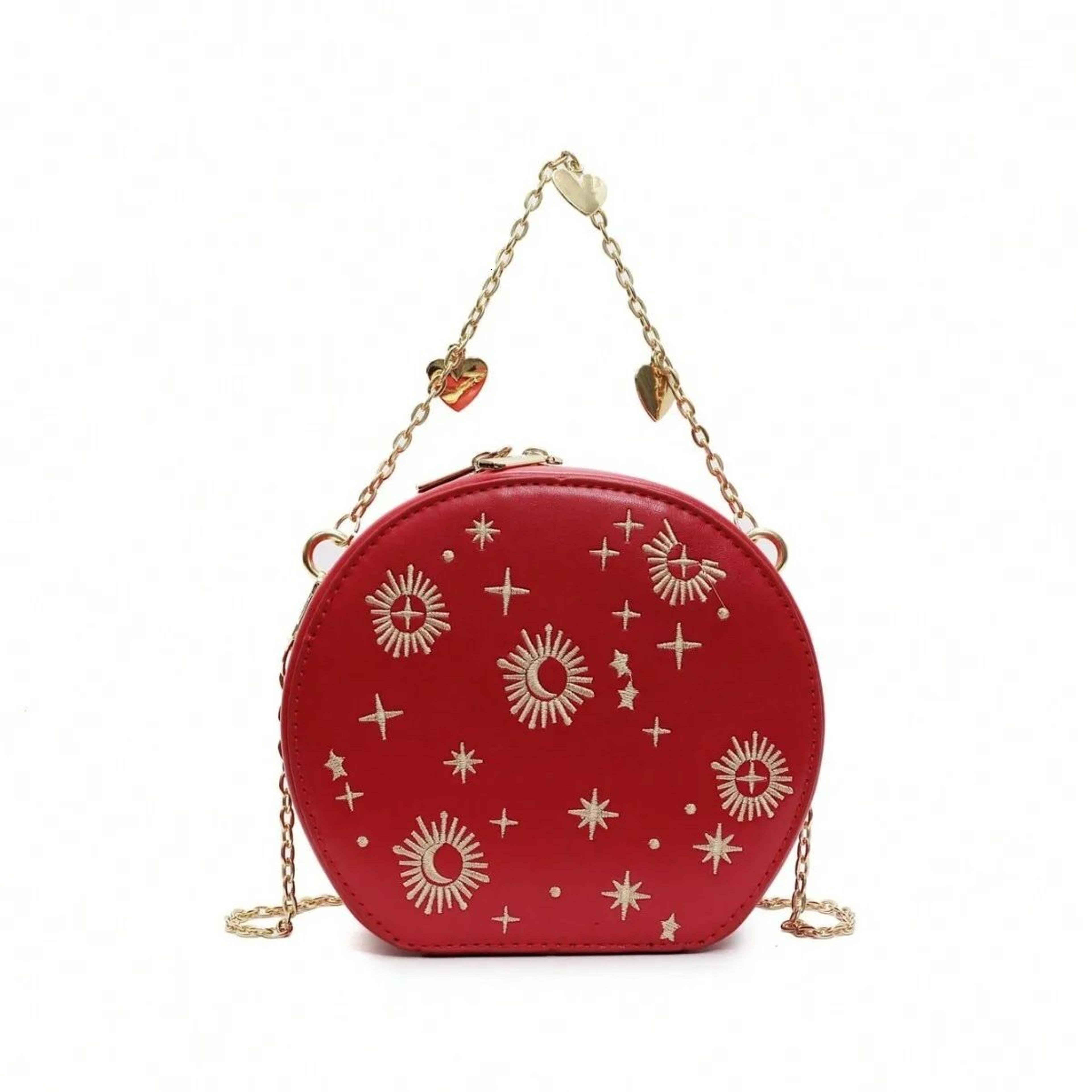 vintage embroidered round handbag with stars and moons and adjustable chain strap