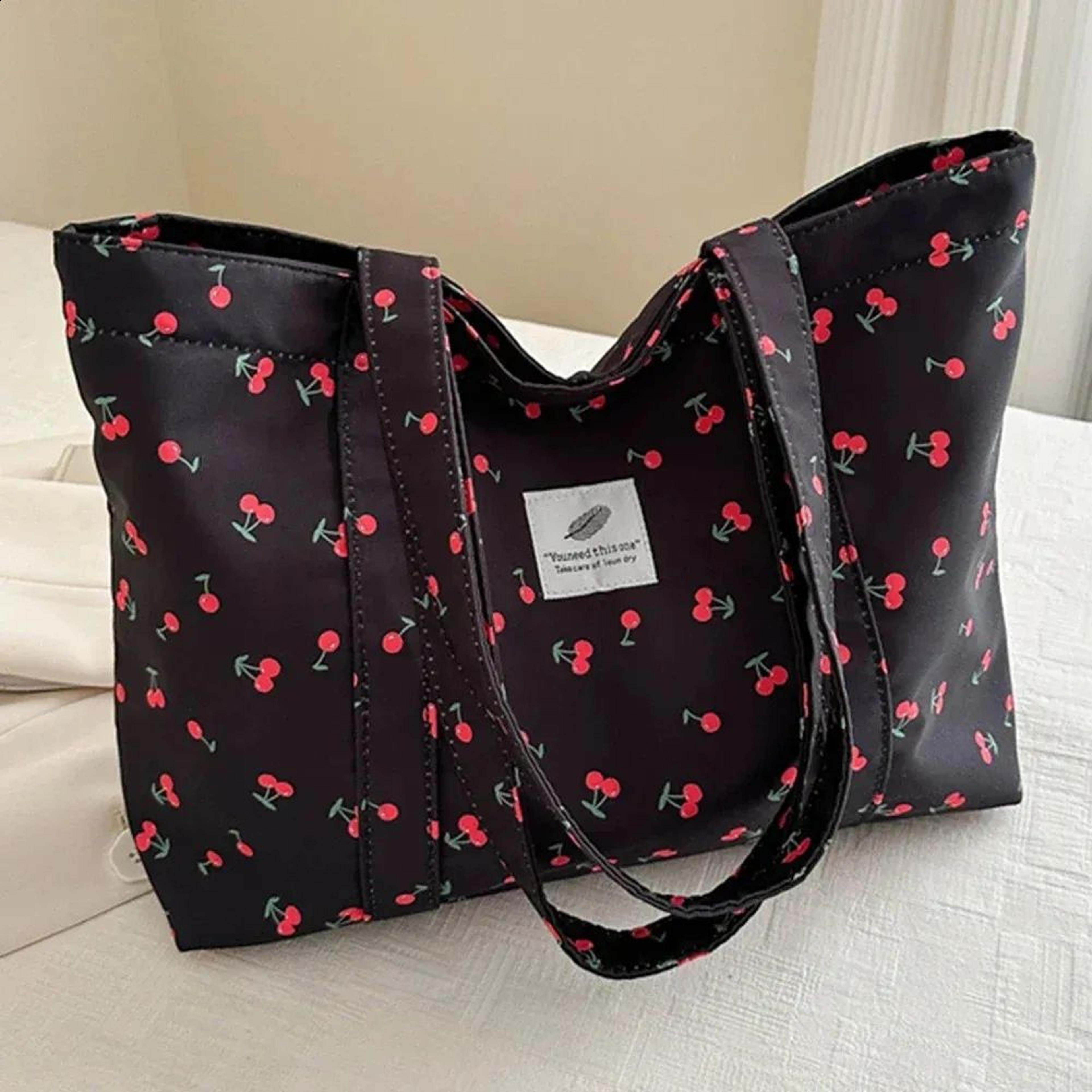 cherry strawberry print nylon tote bag for women casual shoulder shopping bag