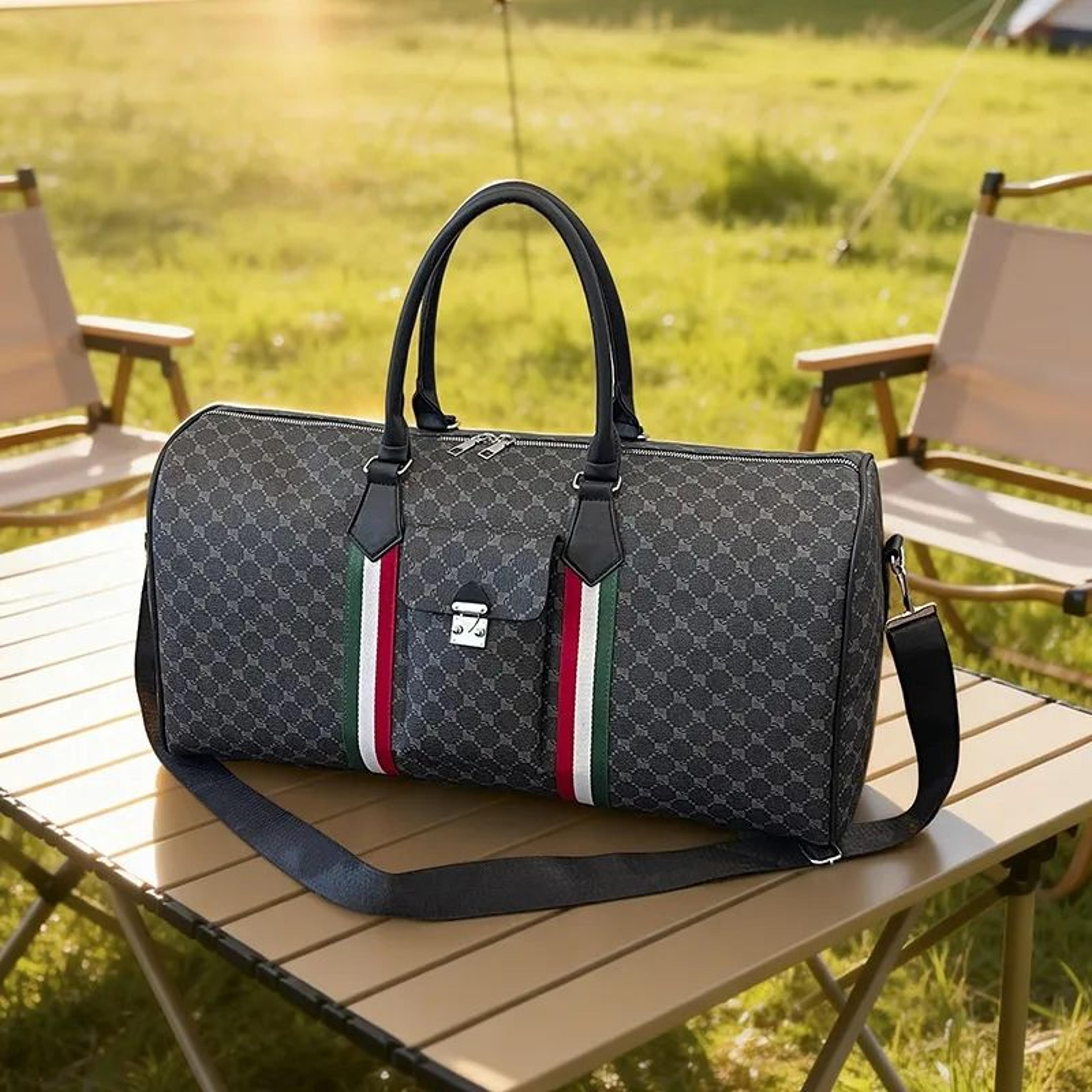 large capacity travel duffel bag with vintage geometric pattern and adjustable shoulder strap