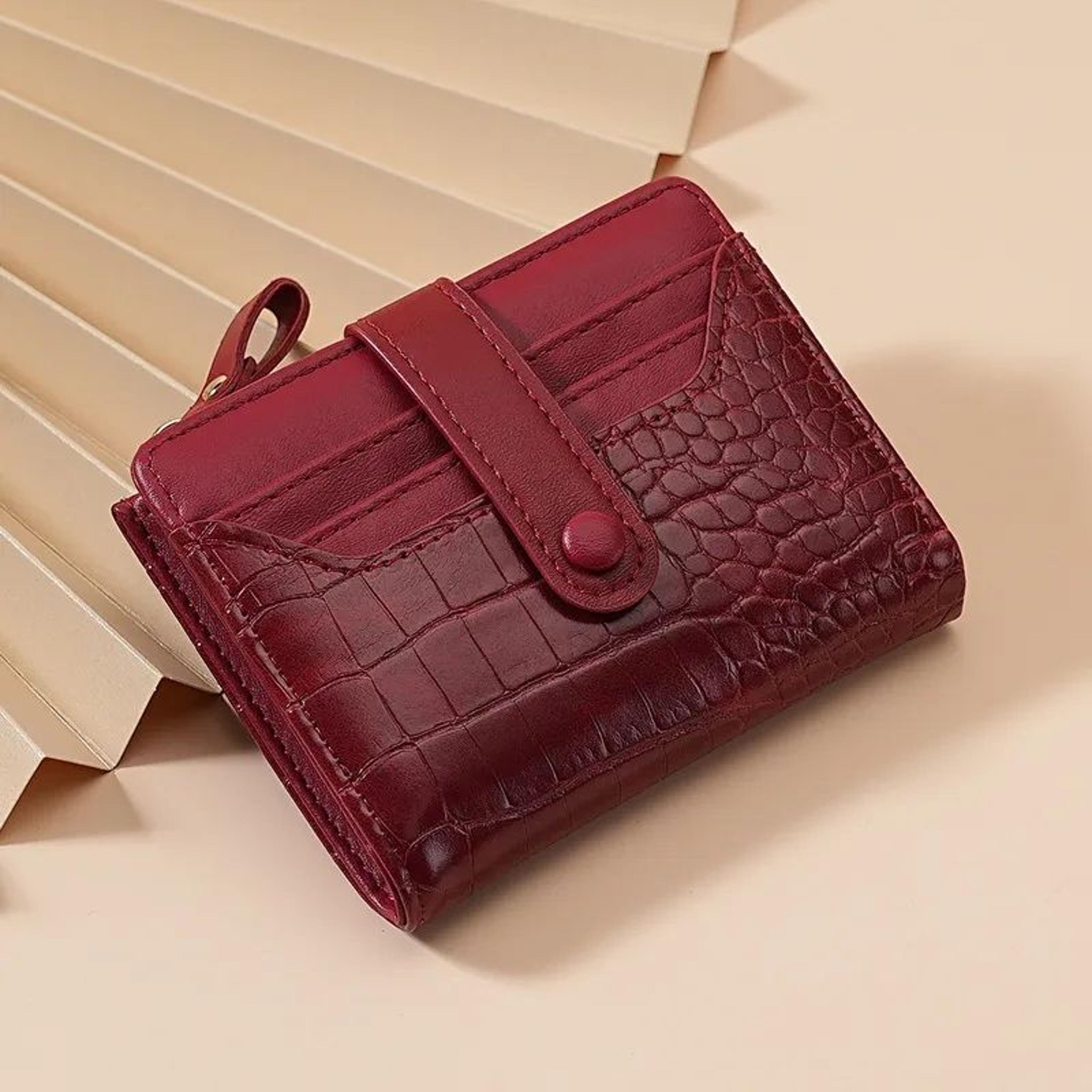 womens compact crocodile embossed wallet with card slots and zippered coin purse