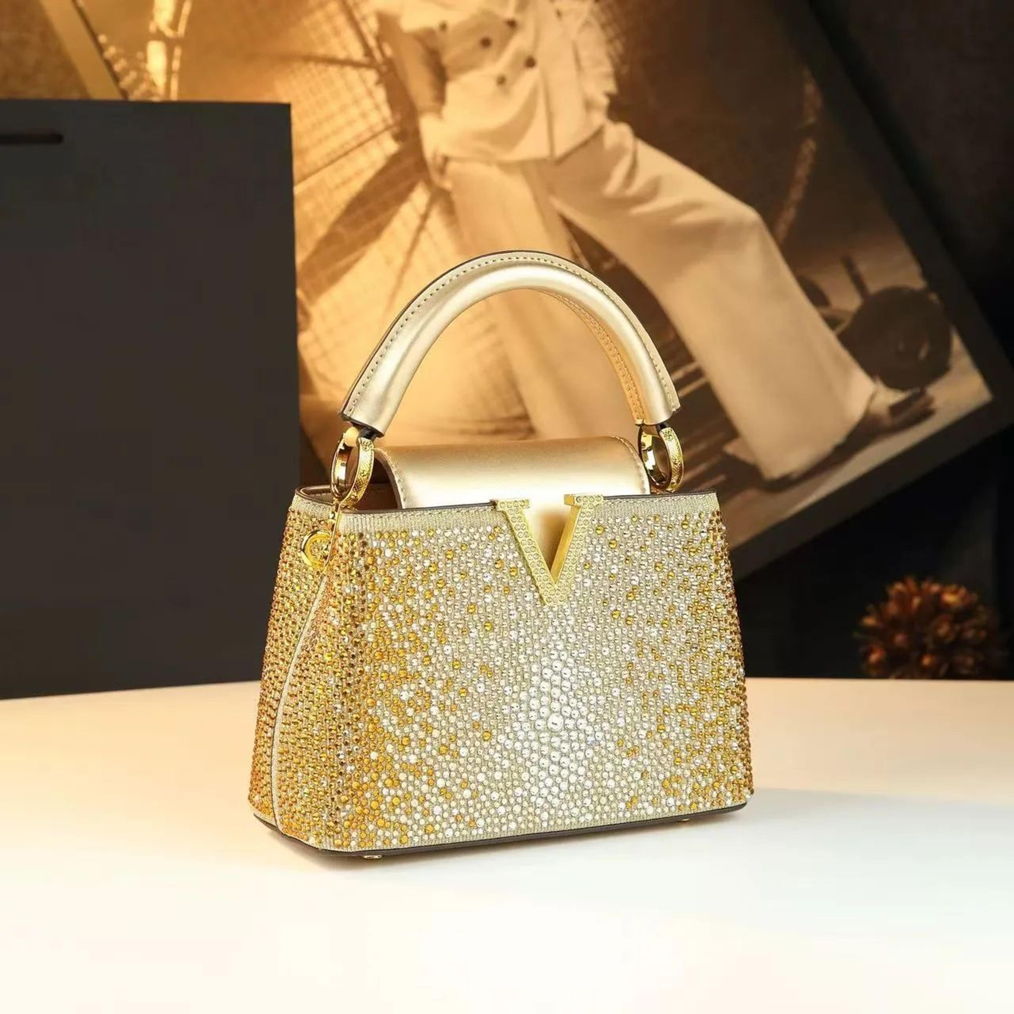 rhinestone leather bucket crossbody bag for women with adjustable strap