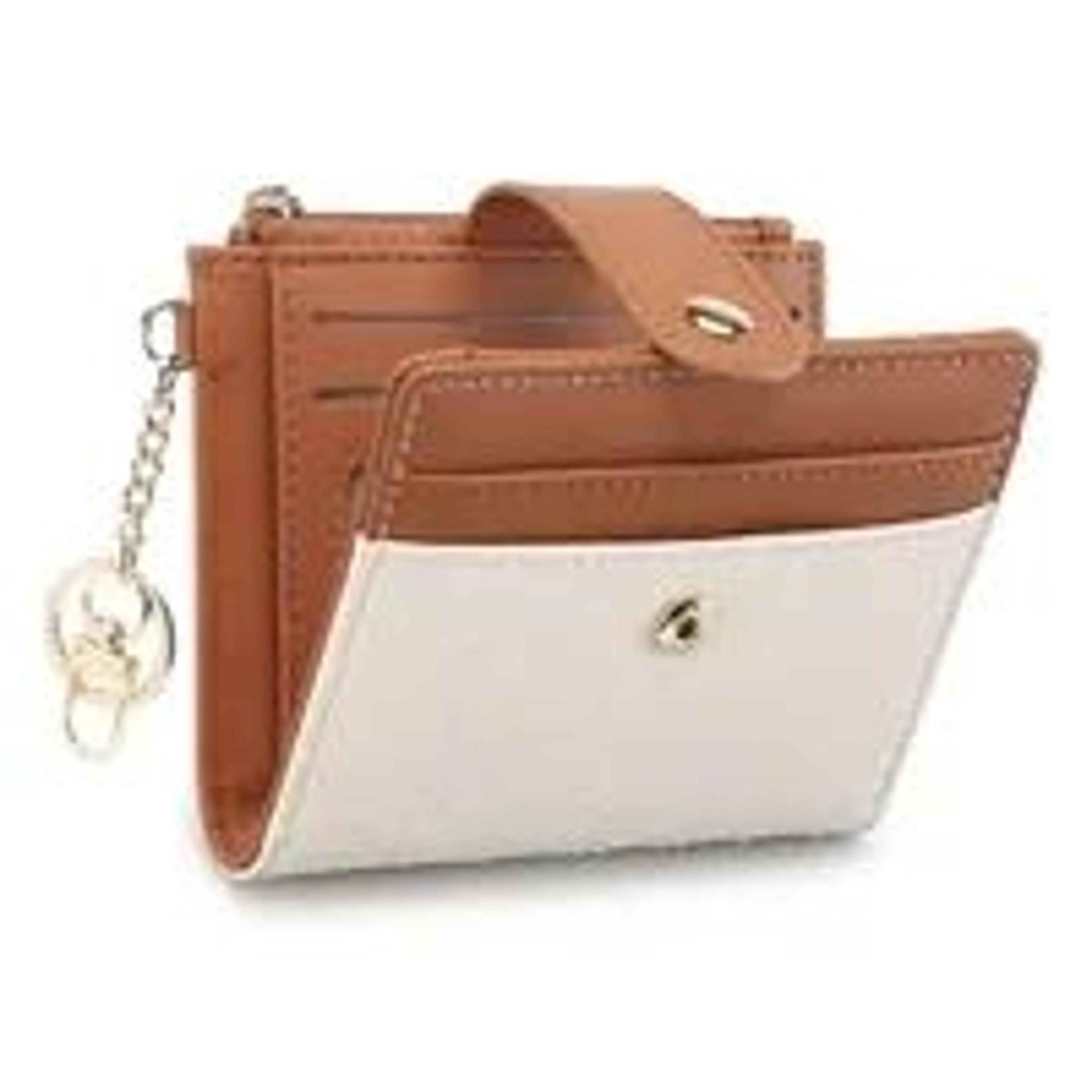 women slim bifold pu leather wallet with zipper id holder and keychain
