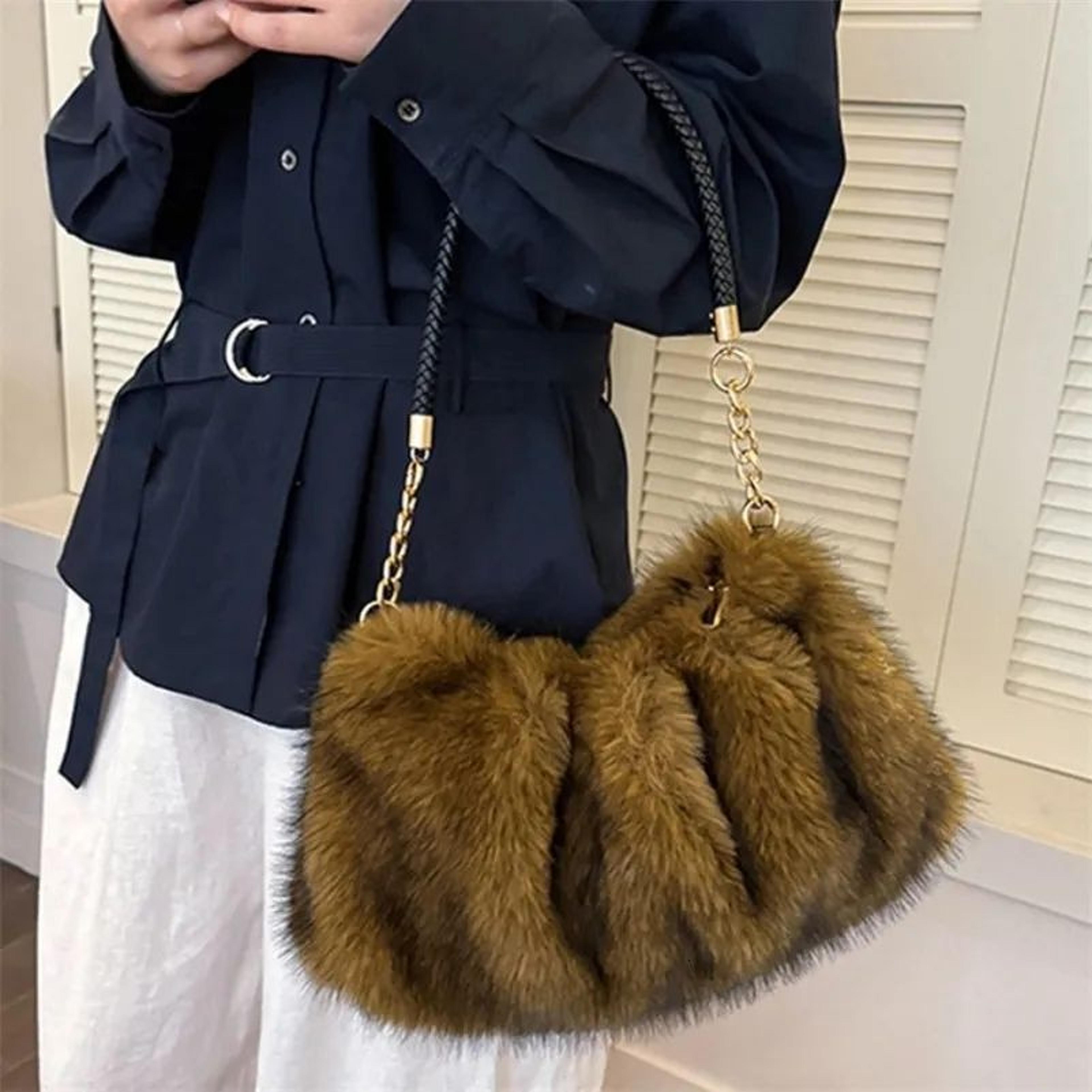 faux fur shoulder bag with ruched design and braided handle for women