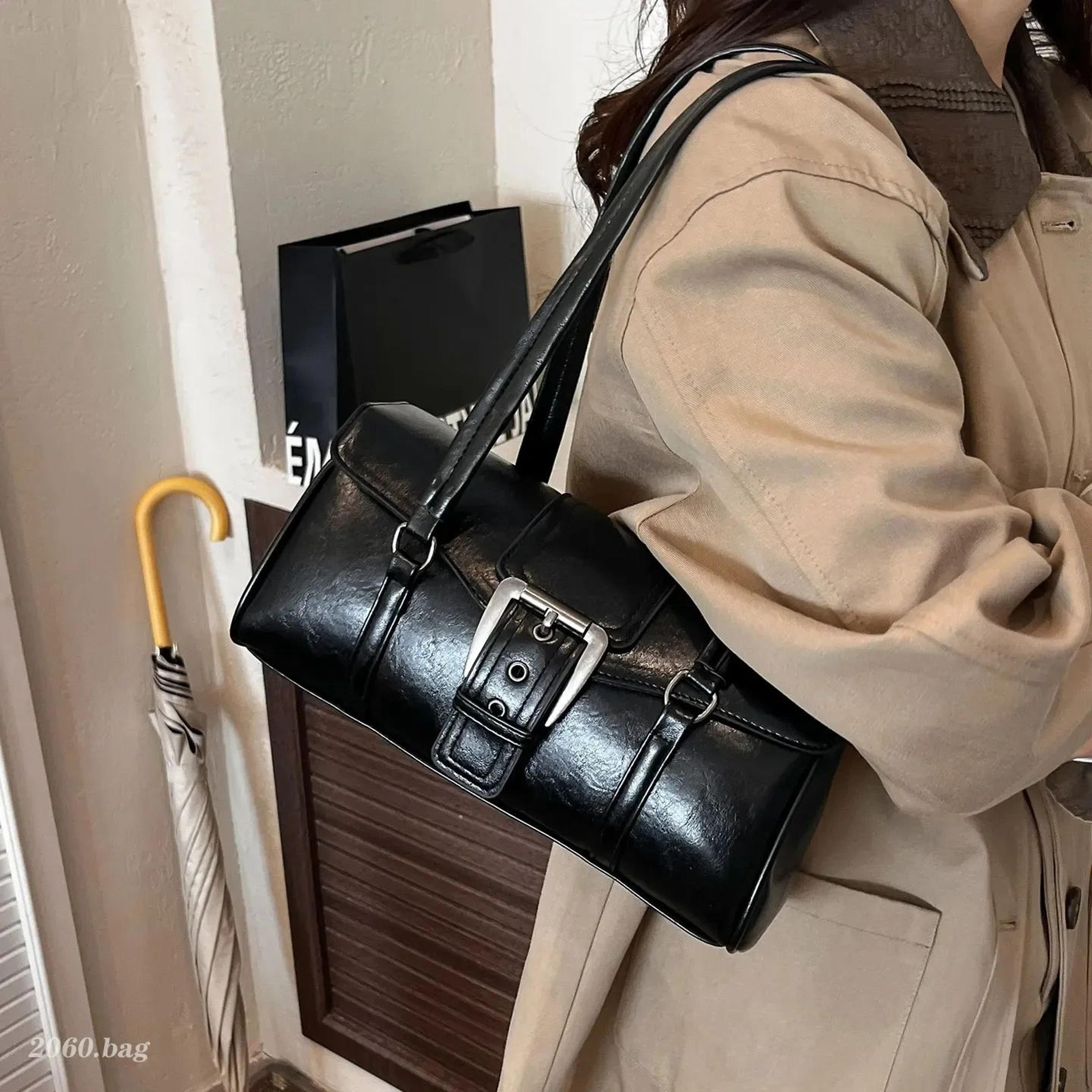 women large capacity pu leather shoulder bag with buckle detail