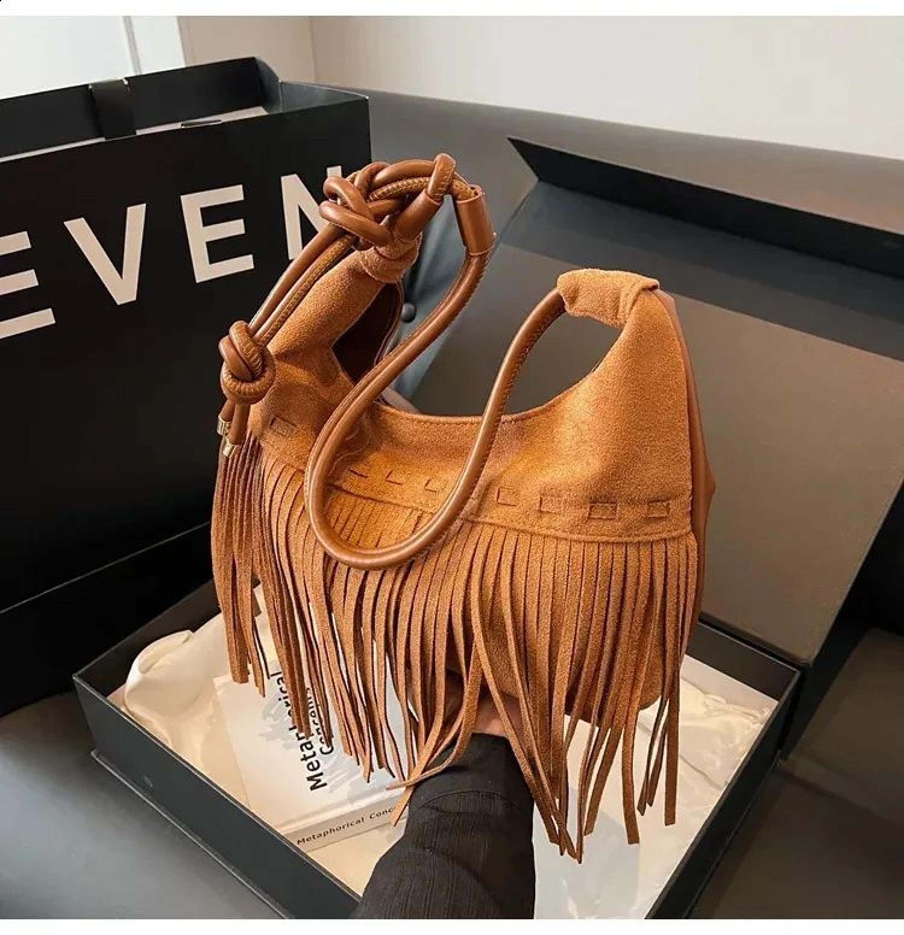 vintage suede fringe crossbody bag for women with tassel crescent design