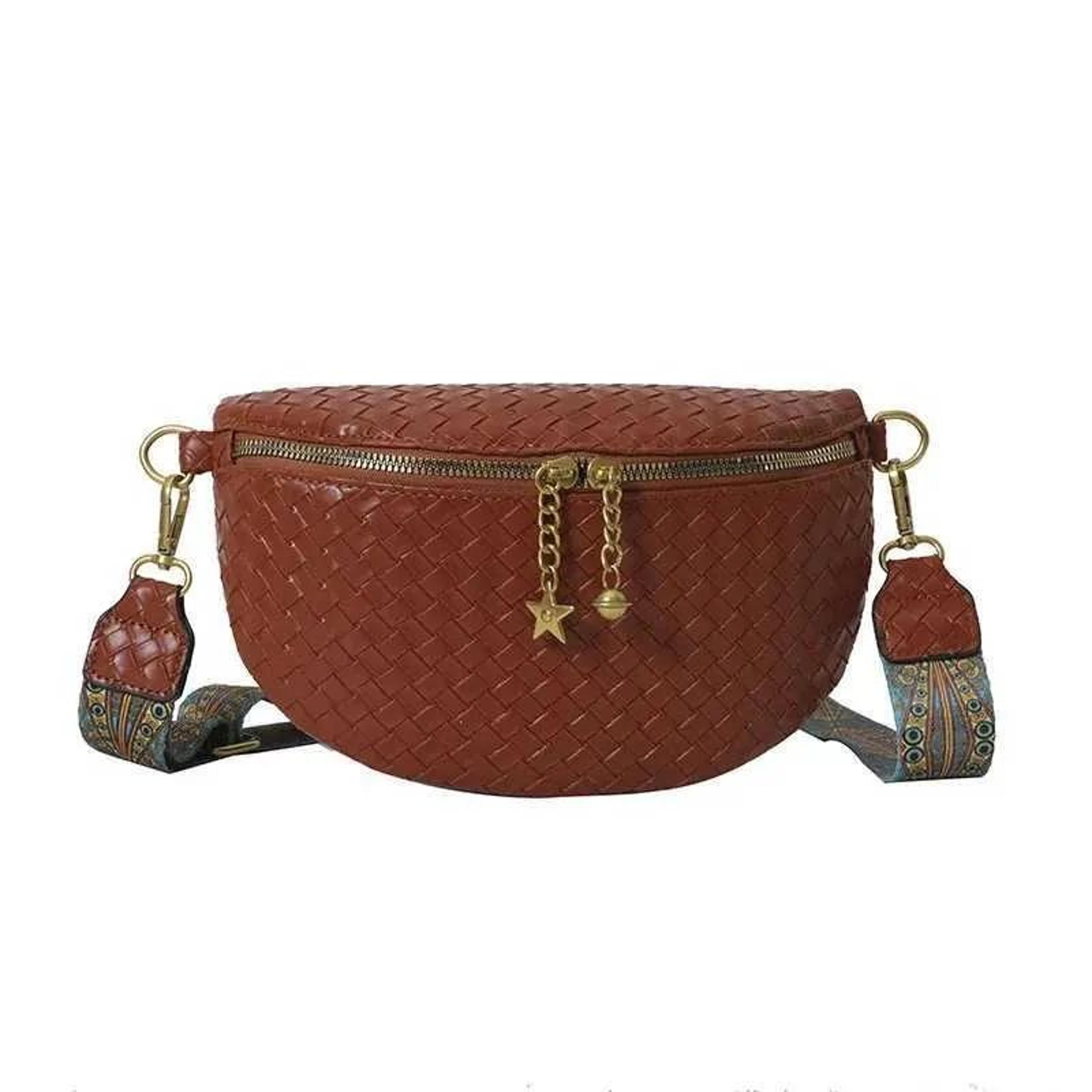 womens pu leather woven waist bag with wide crossbody strap