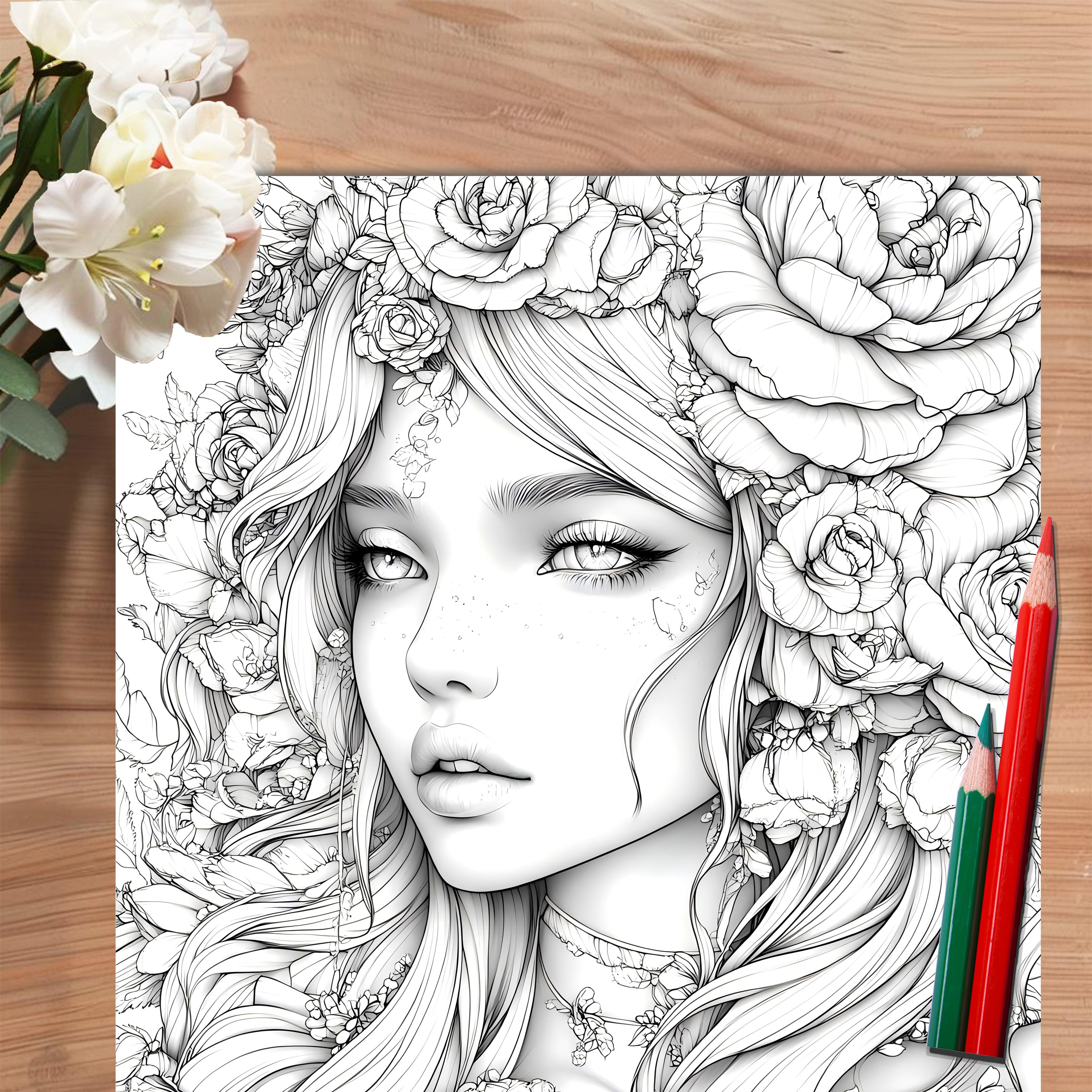 art therapy coloring book for adults and kids, stress relief with flowers and beautiful women themes for drawing